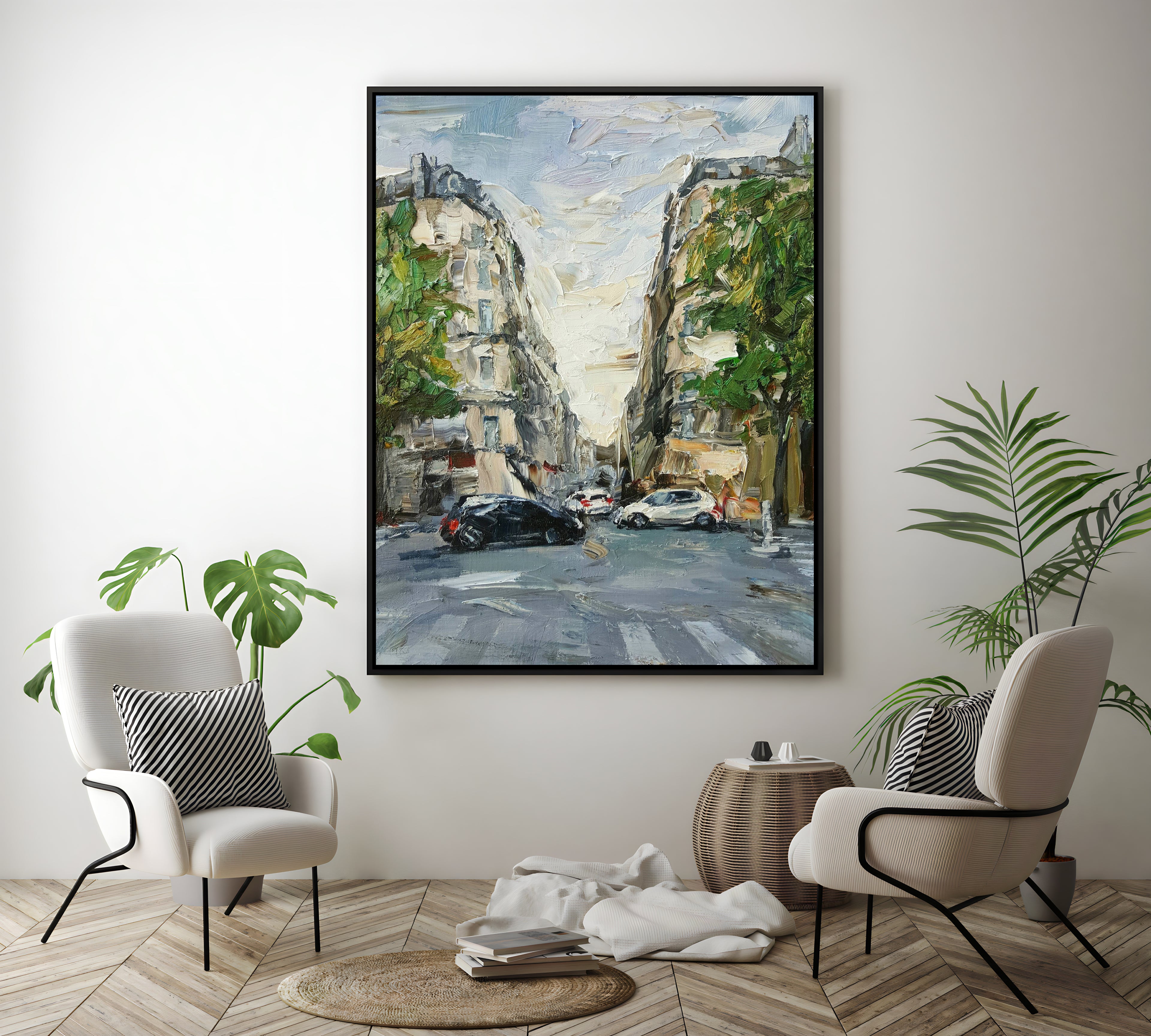 a painting of a city street with cars on it