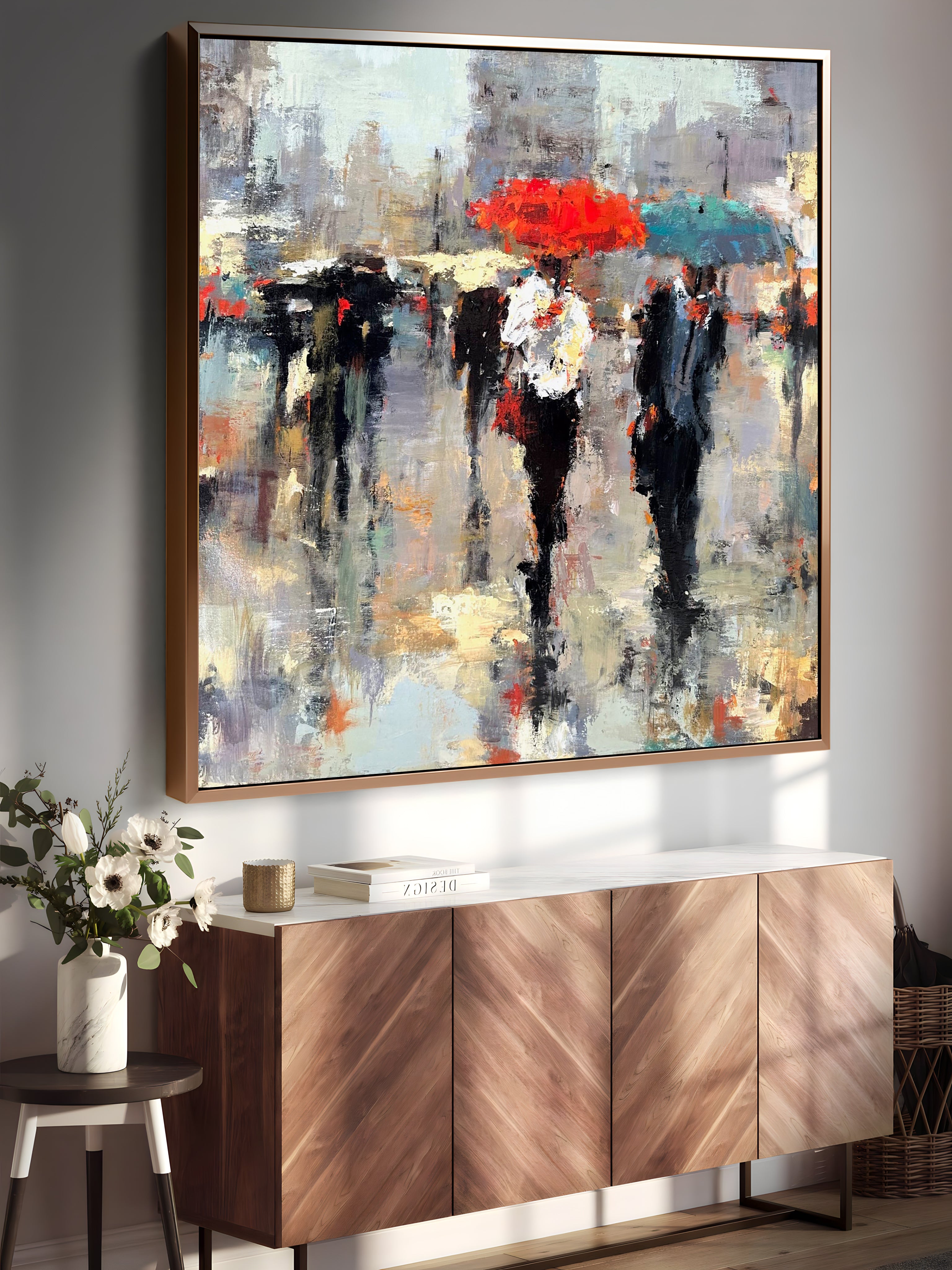 a painting of people with umbrellas on a wall