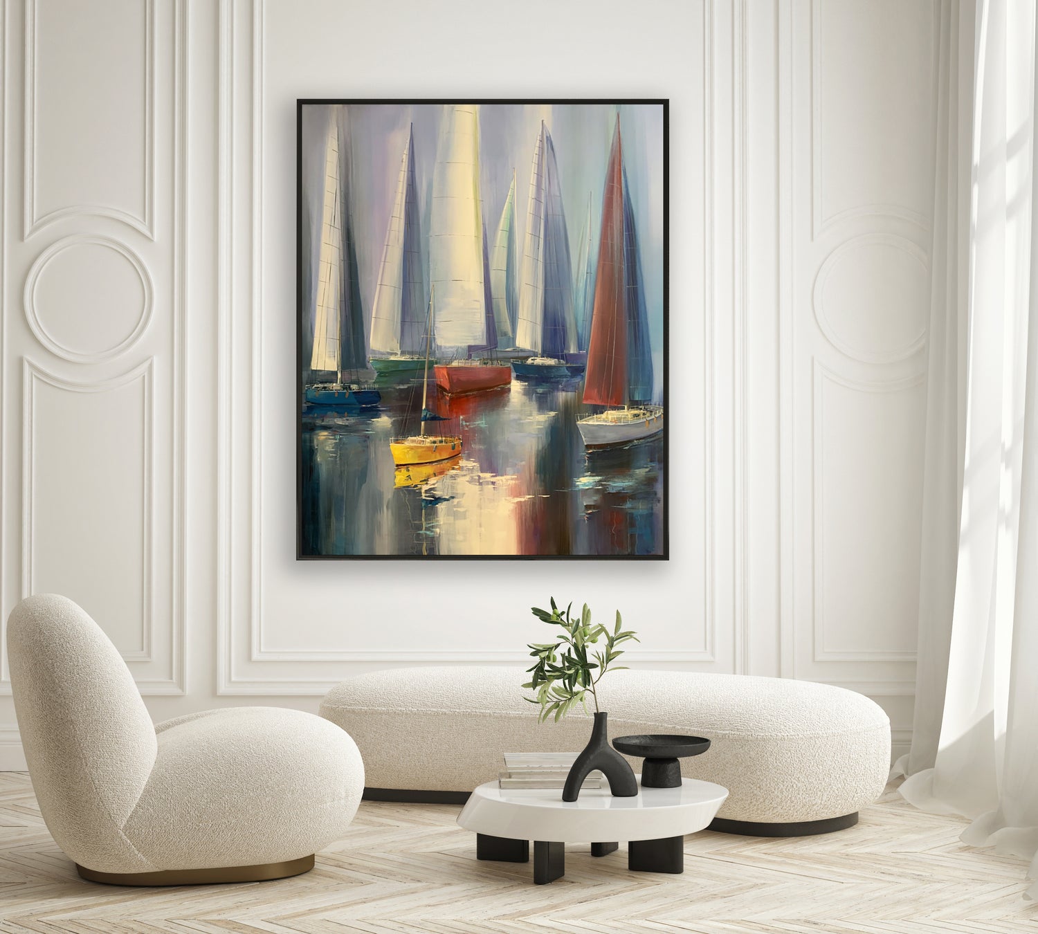 a painting of sailboats in a white room