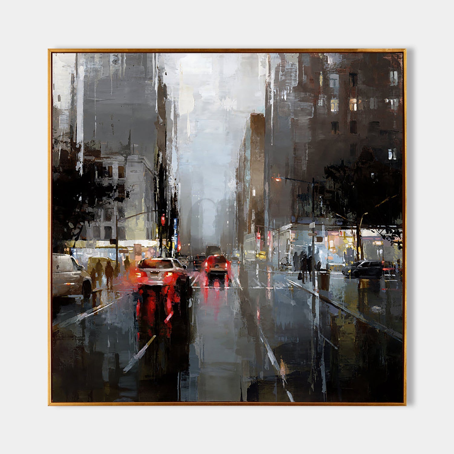 a painting of a city street filled with traffic