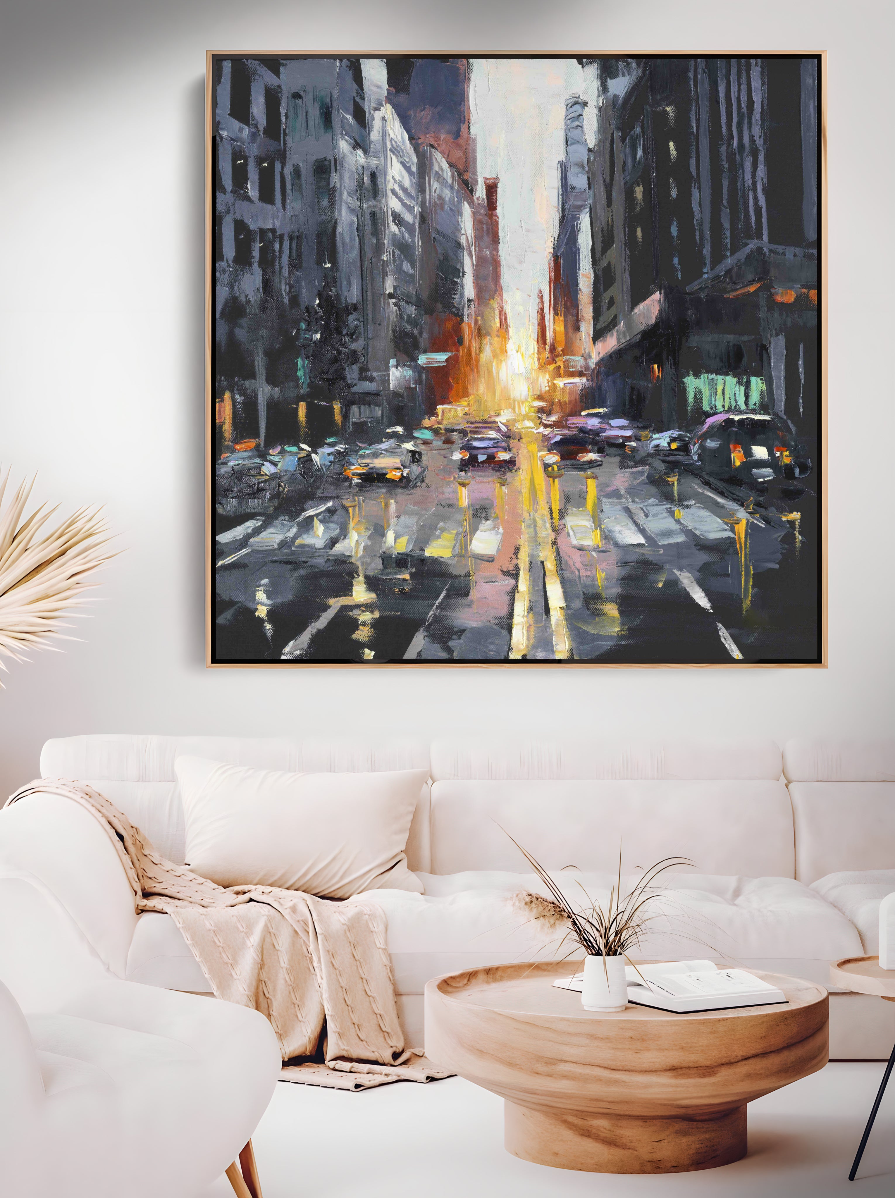 a painting of a city street at night