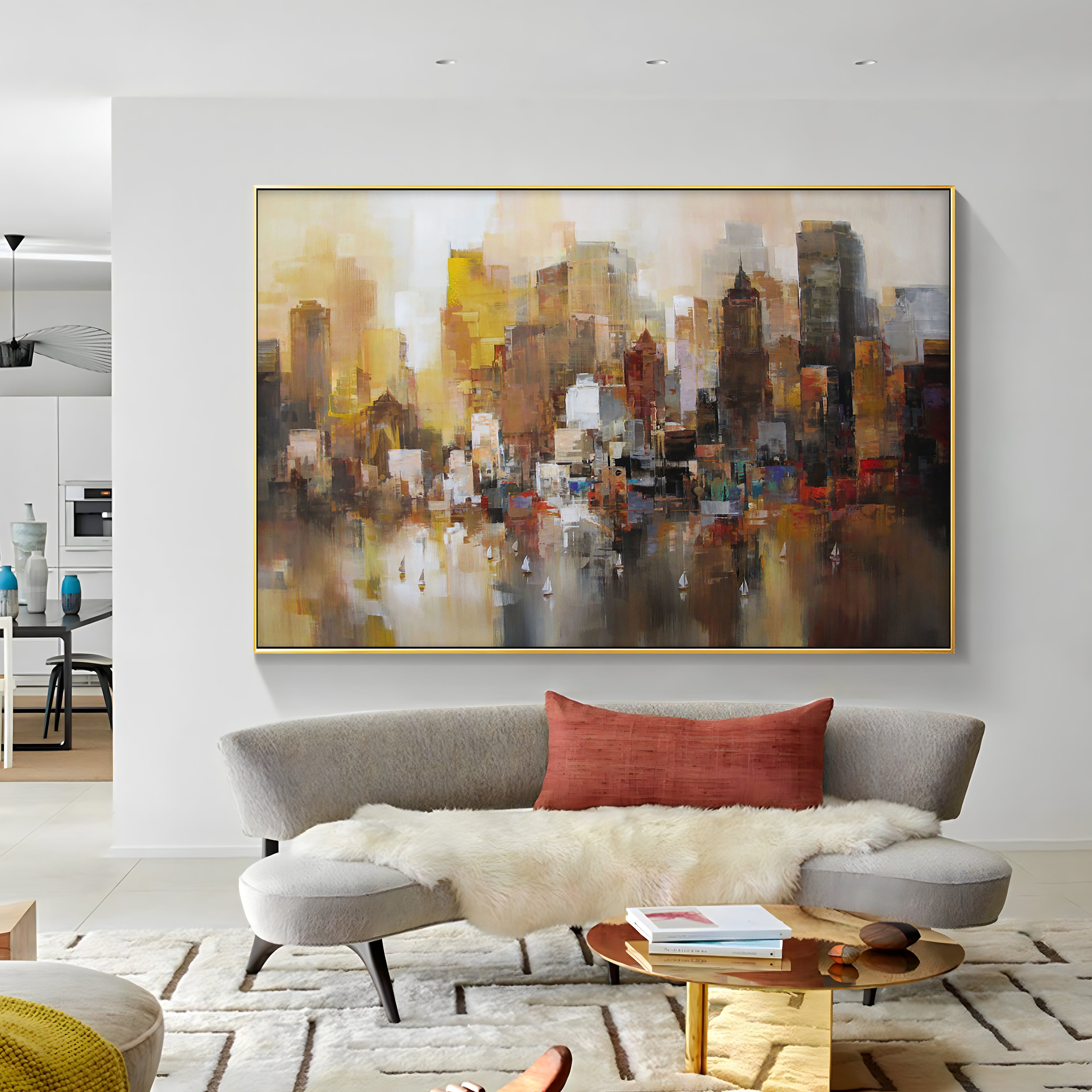 a living room filled with furniture and a painting on the wall