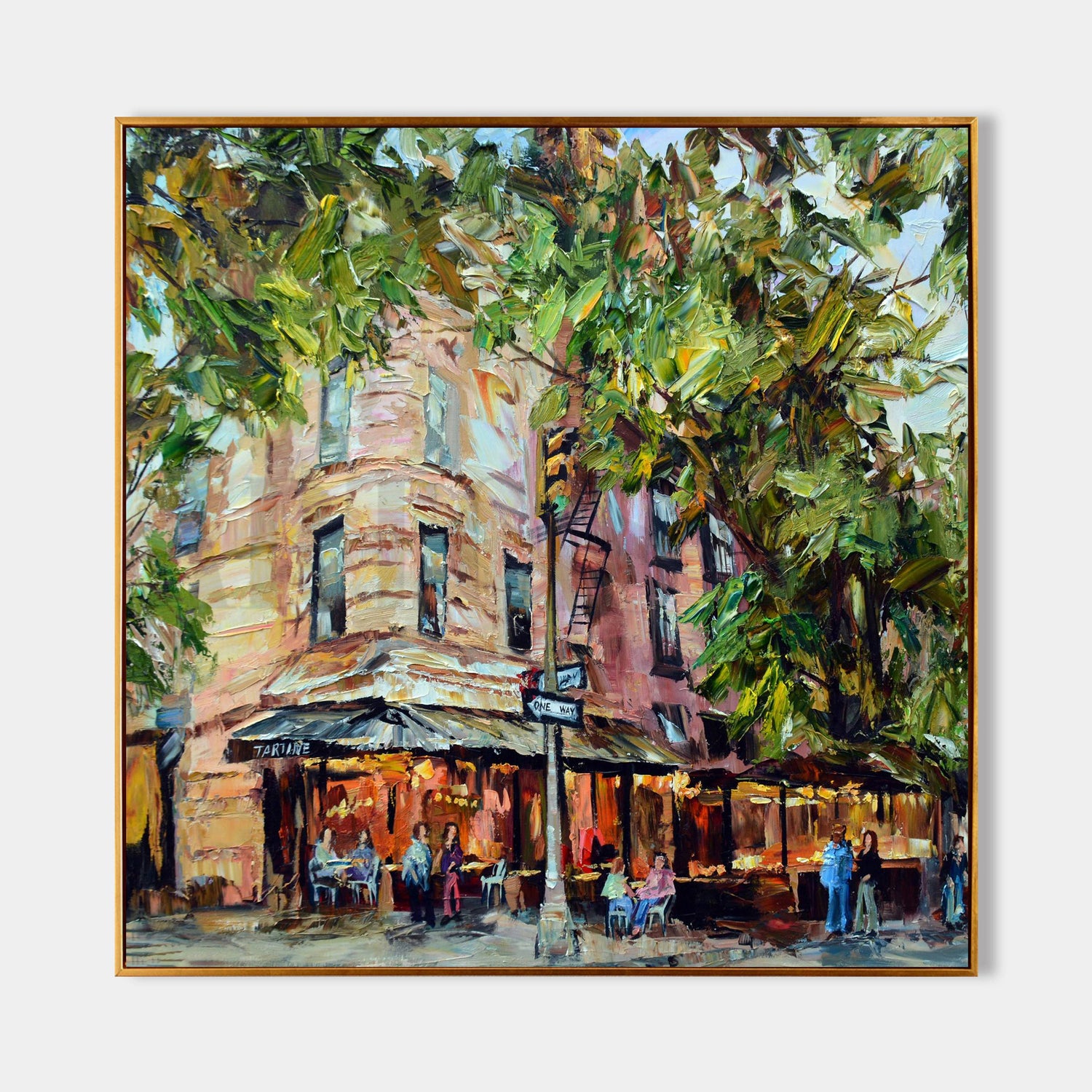 a painting of a building on a city street