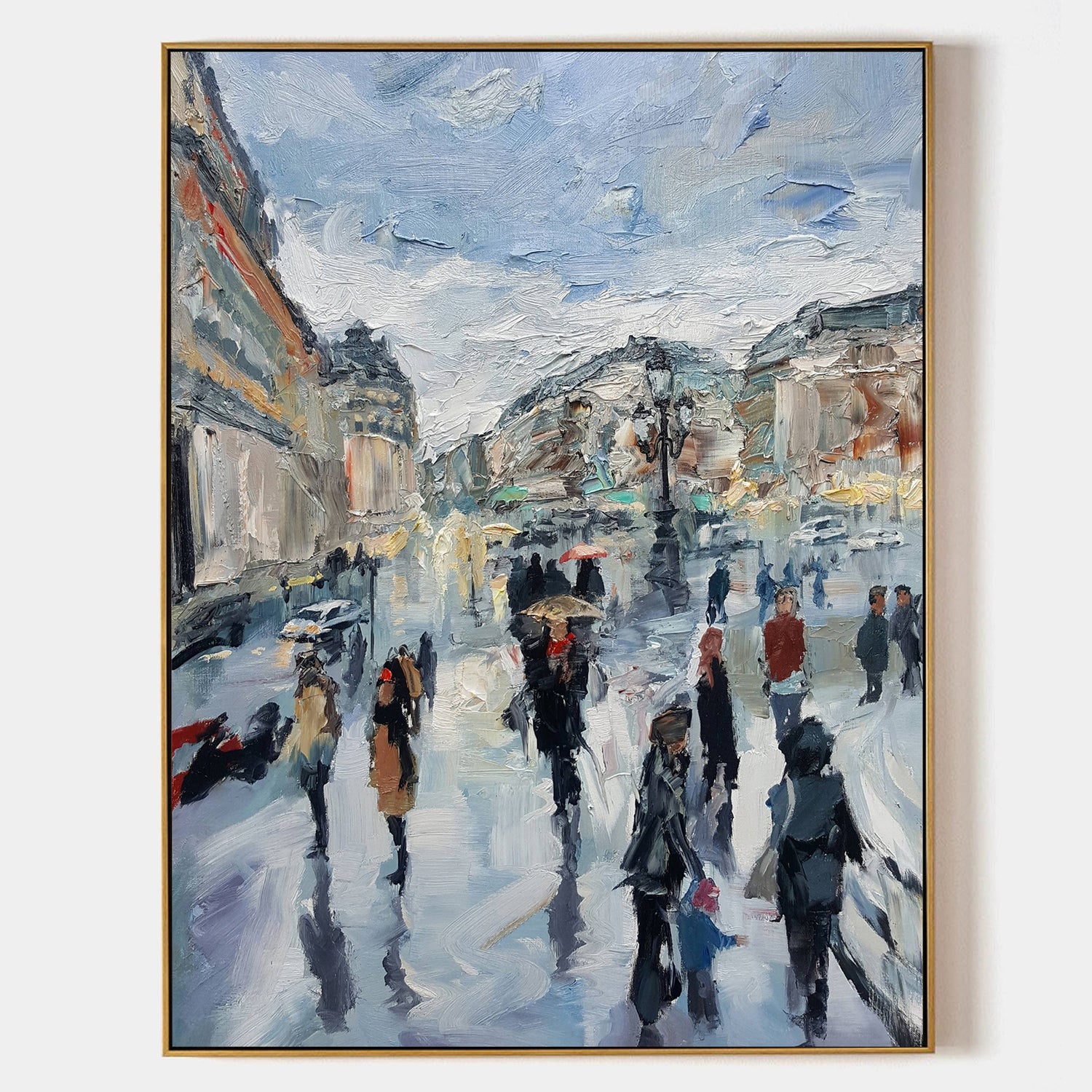 a painting of people walking in the snow