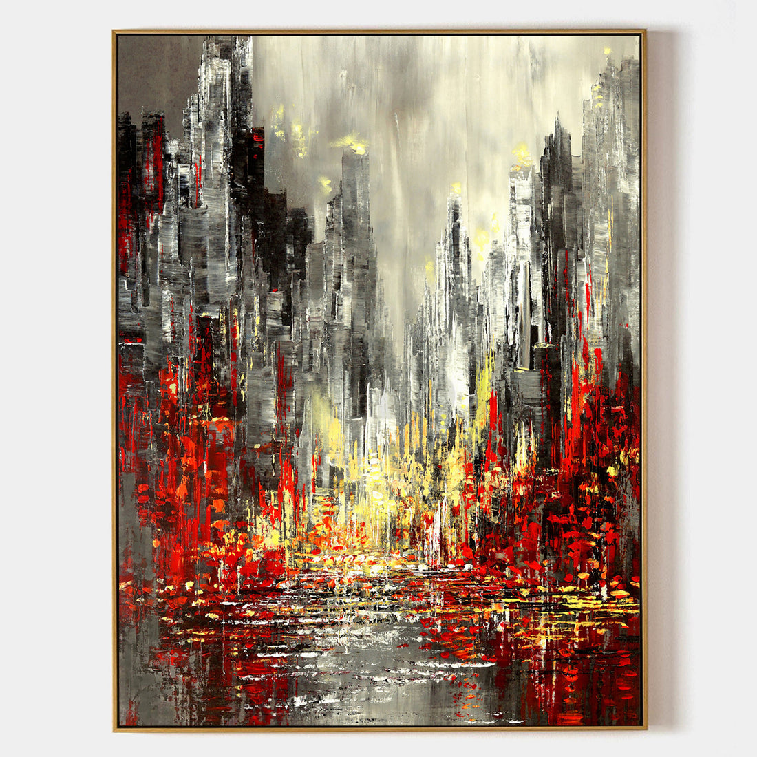 a painting of a cityscape with red and yellow colors