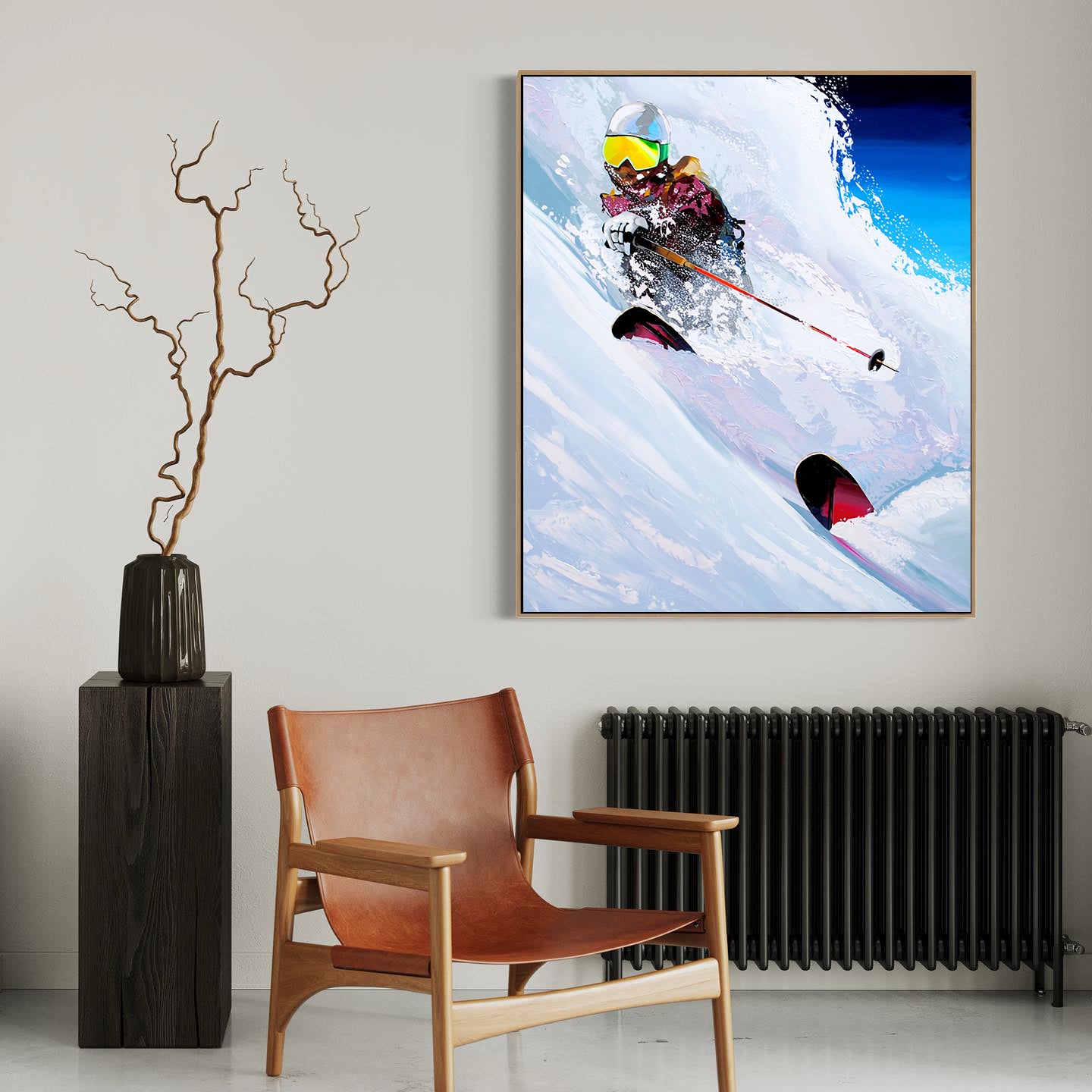 a painting of a person skiing on a mountain