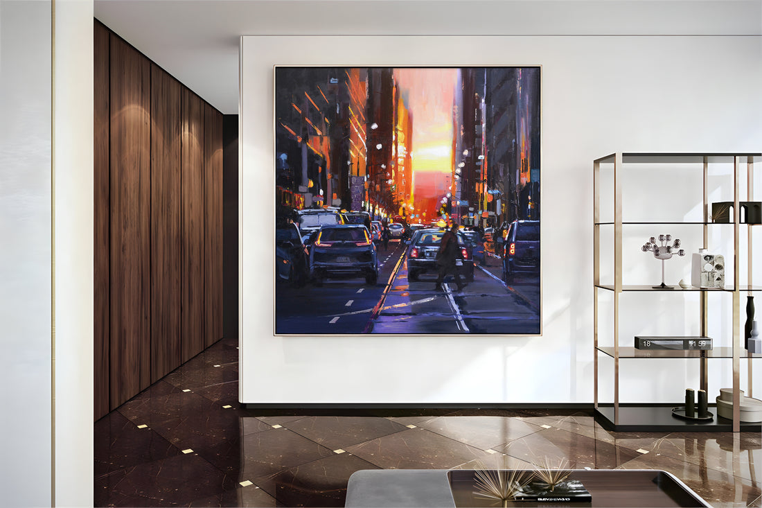 a painting of a city street at night