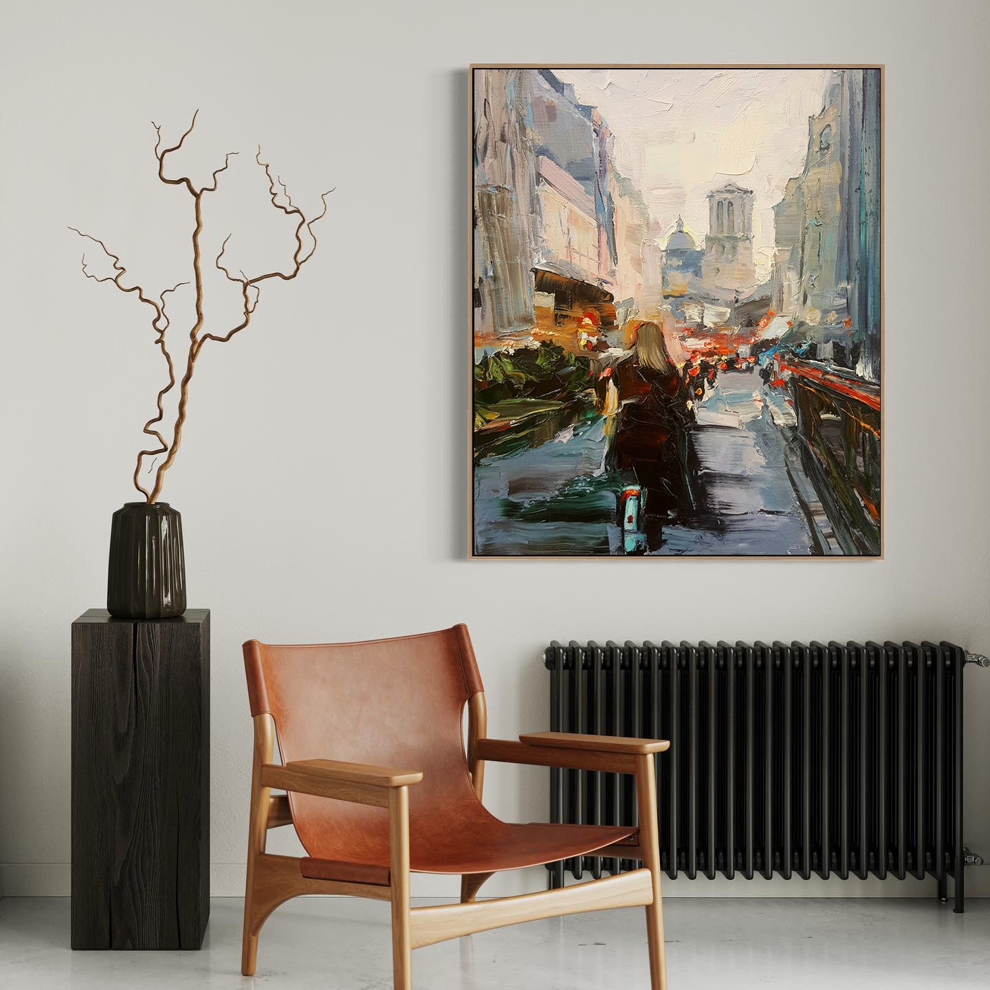 a painting of a woman walking down a city street