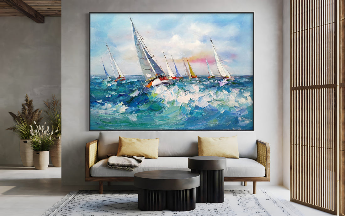 a living room with a painting of sailboats on the water