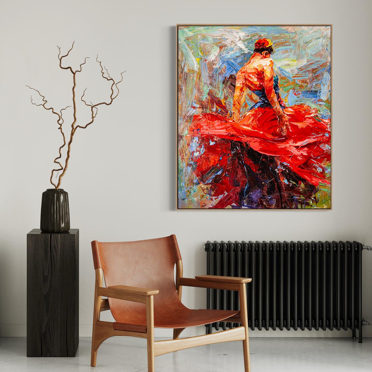 a painting of a woman in a red dress on a wall