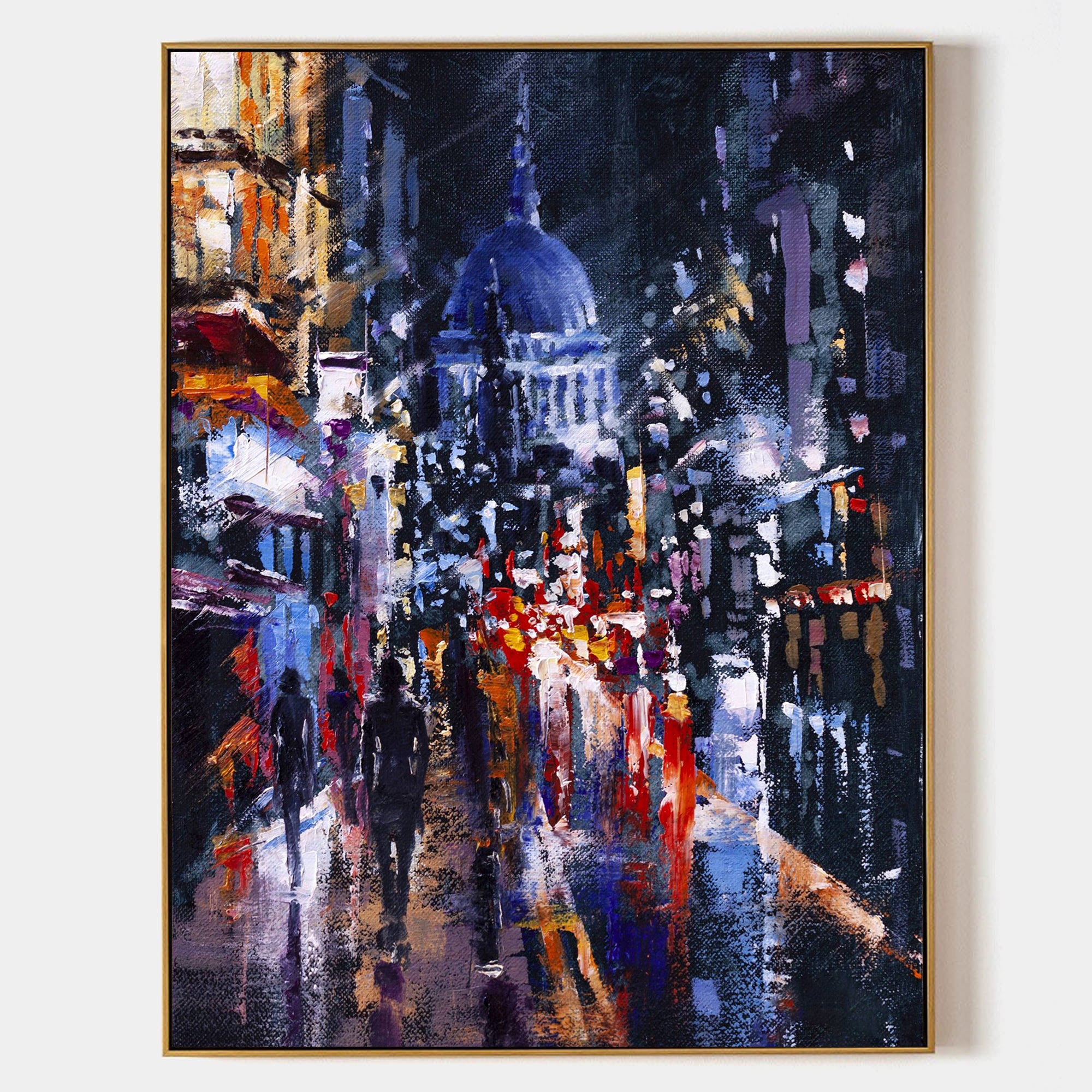 a painting of a city street at night