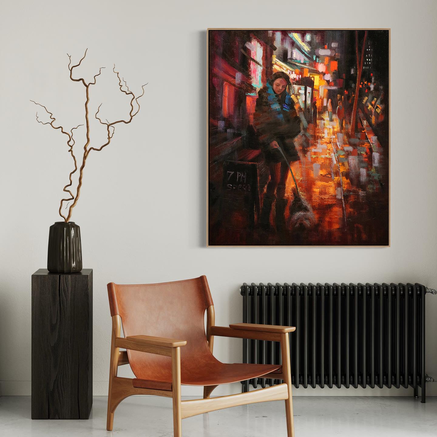 a painting of a man sitting in a chair next to a radiator