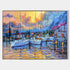 a painting of boats in a harbor at sunset