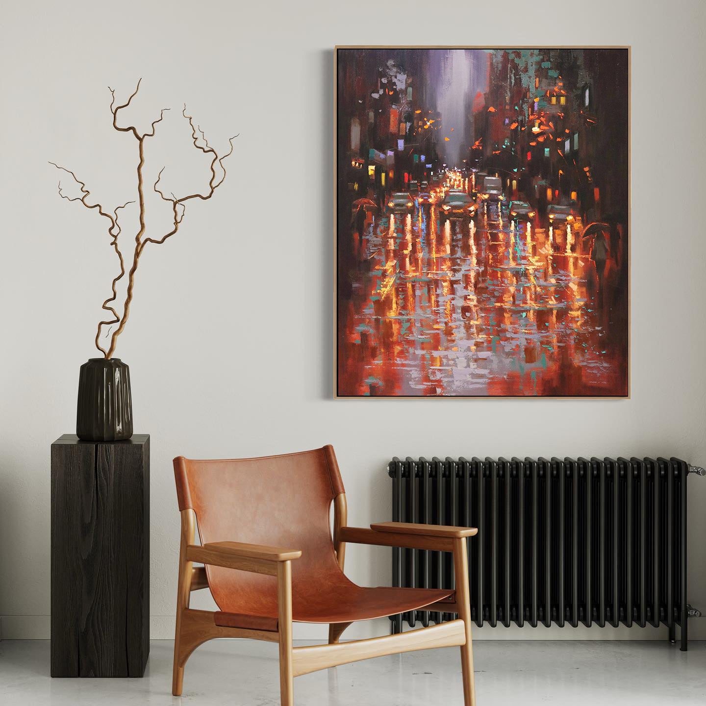 a chair and a vase in a room