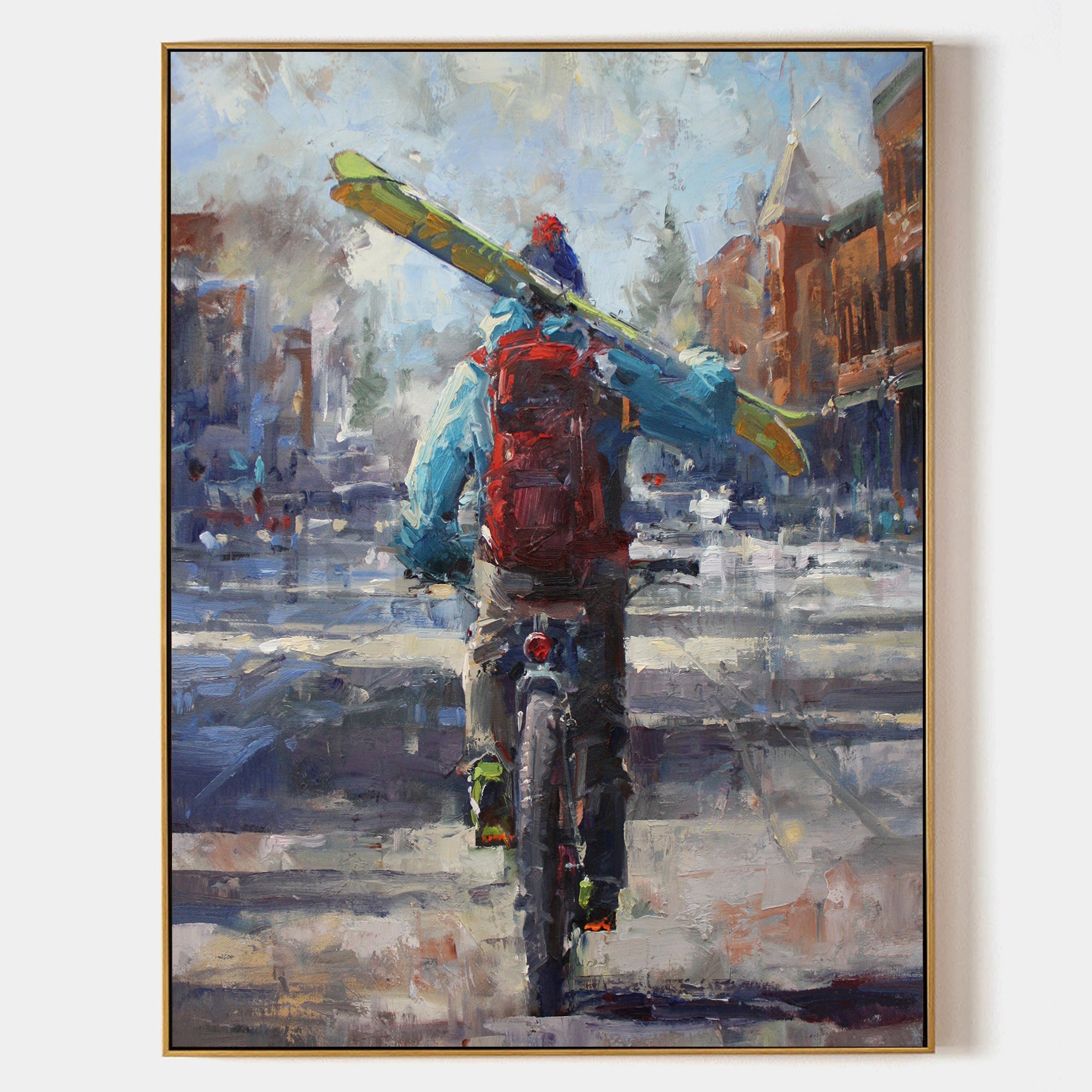 a painting of a man riding a bike with a surfboard on his back