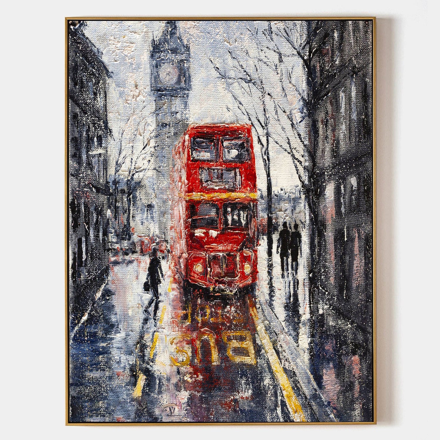 a painting of a red double decker bus on a city street