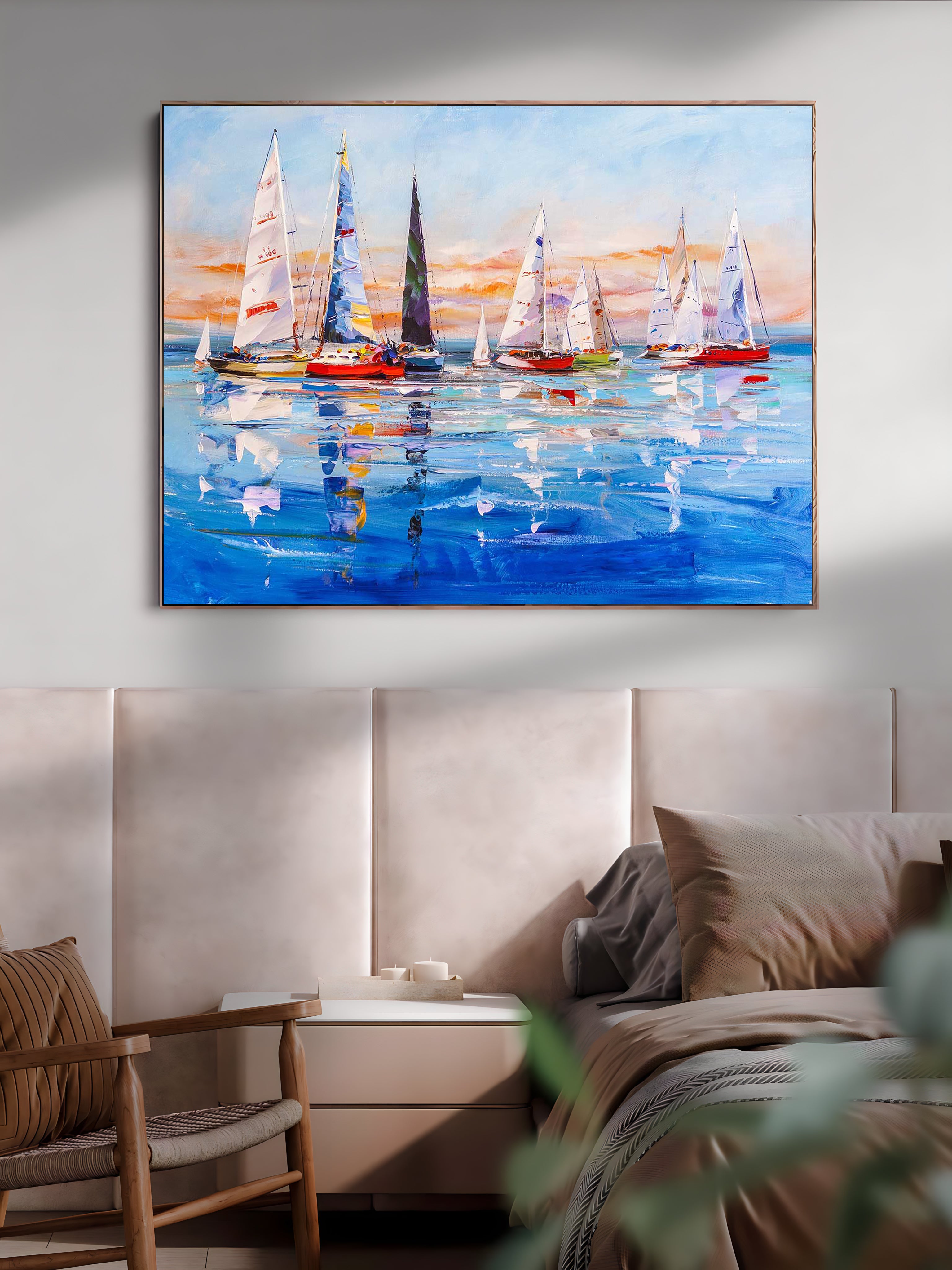 a painting of sailboats in the water