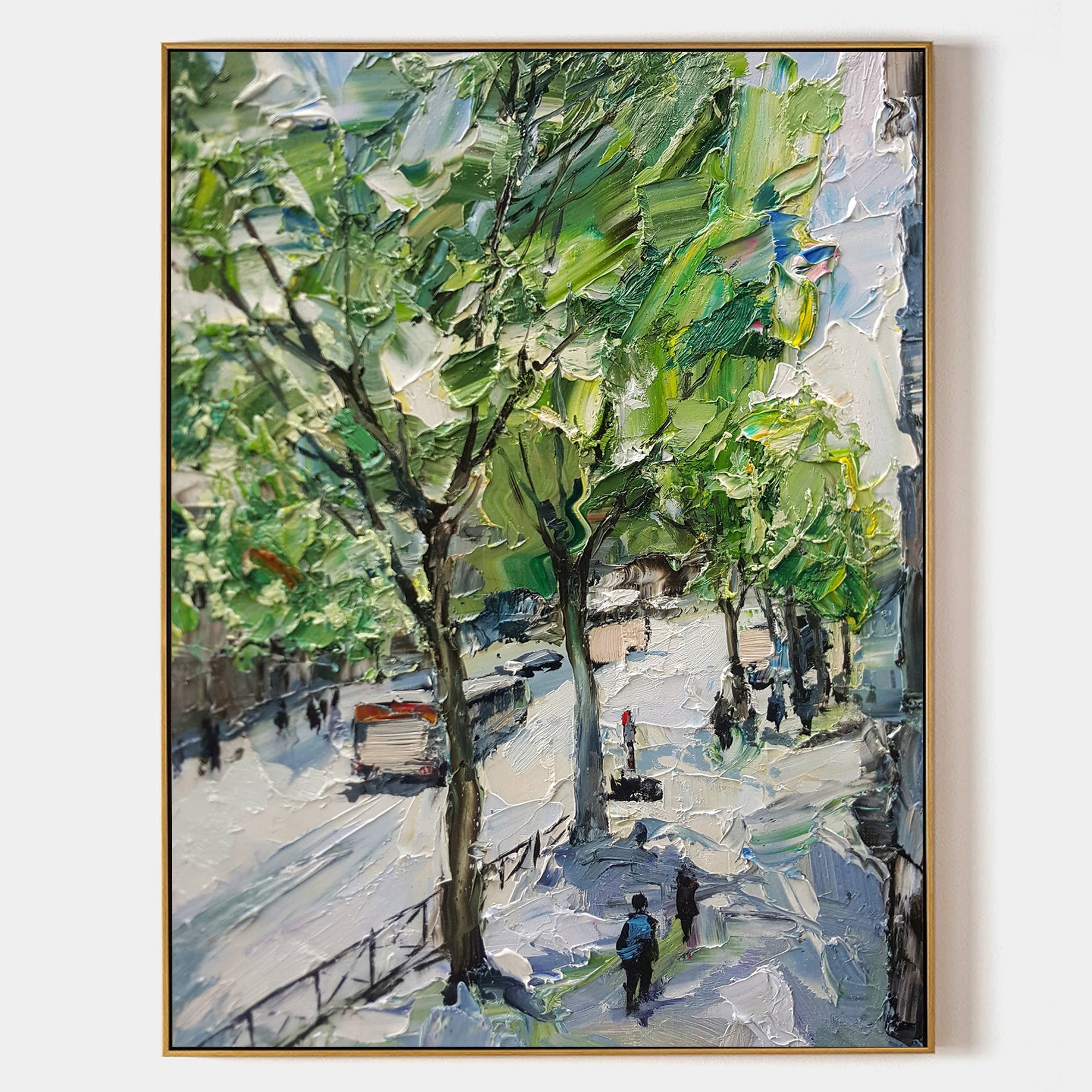 a painting of people walking down a street