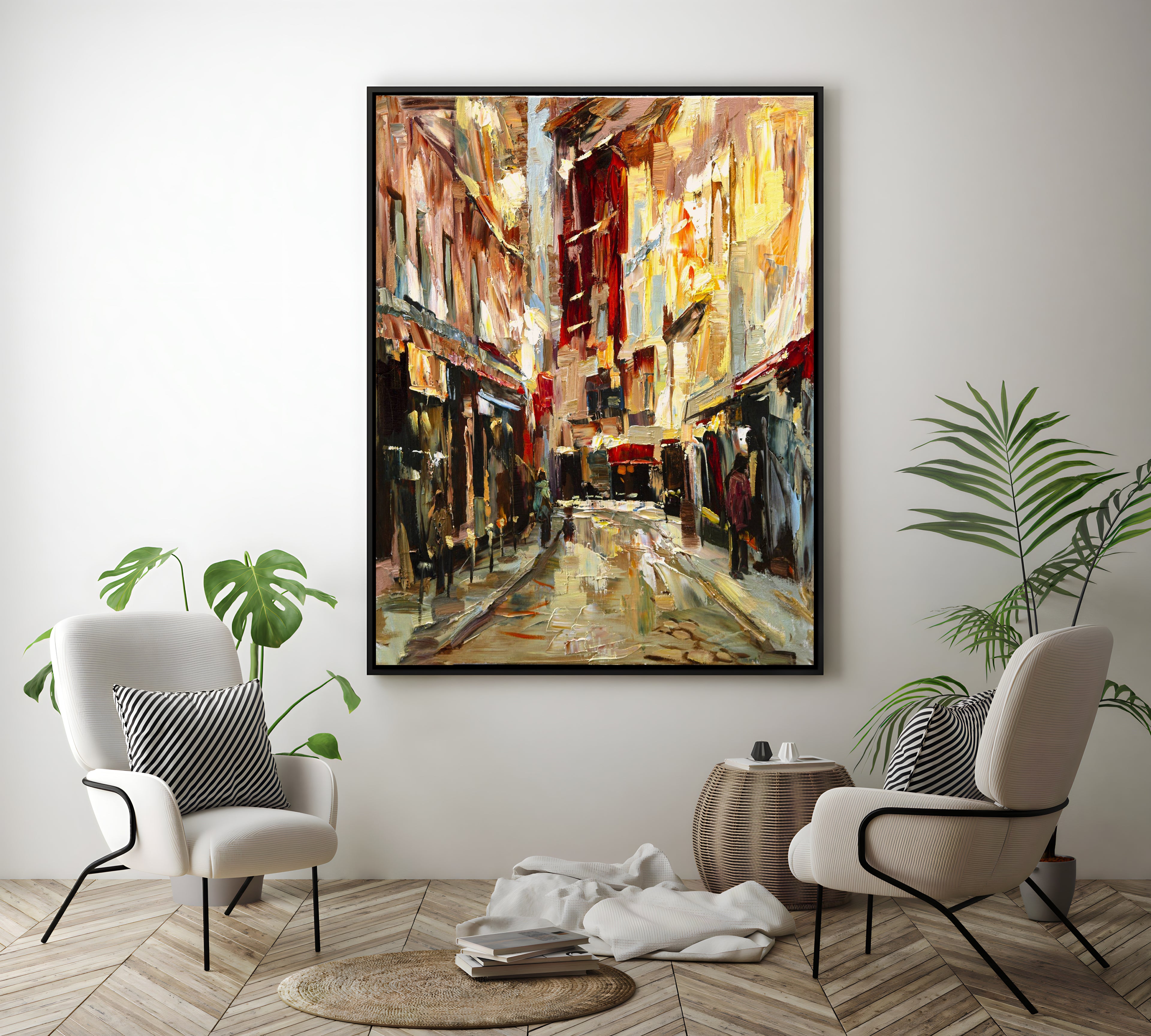 a painting of a city street in a living room