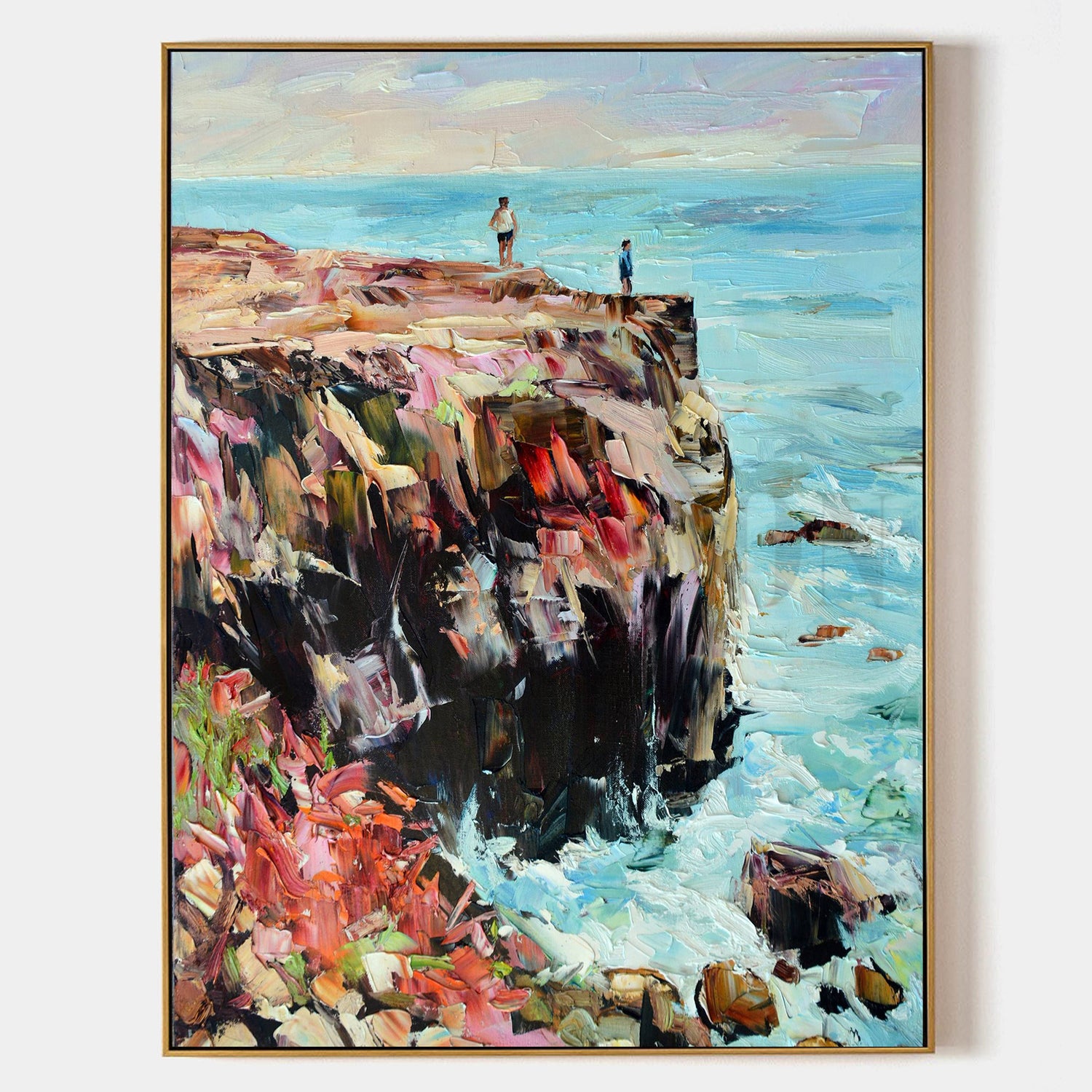 a painting of a man standing on a cliff overlooking the ocean