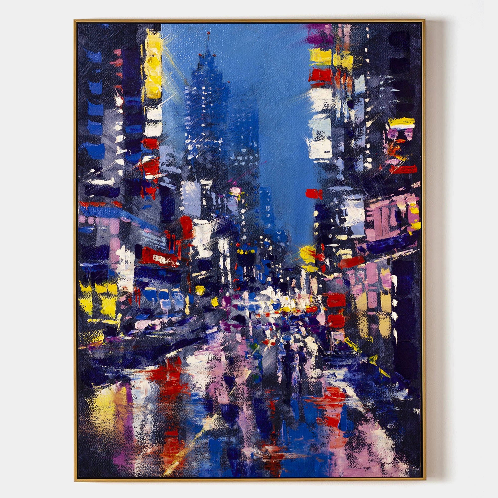 a painting of a city at night with people crossing the street