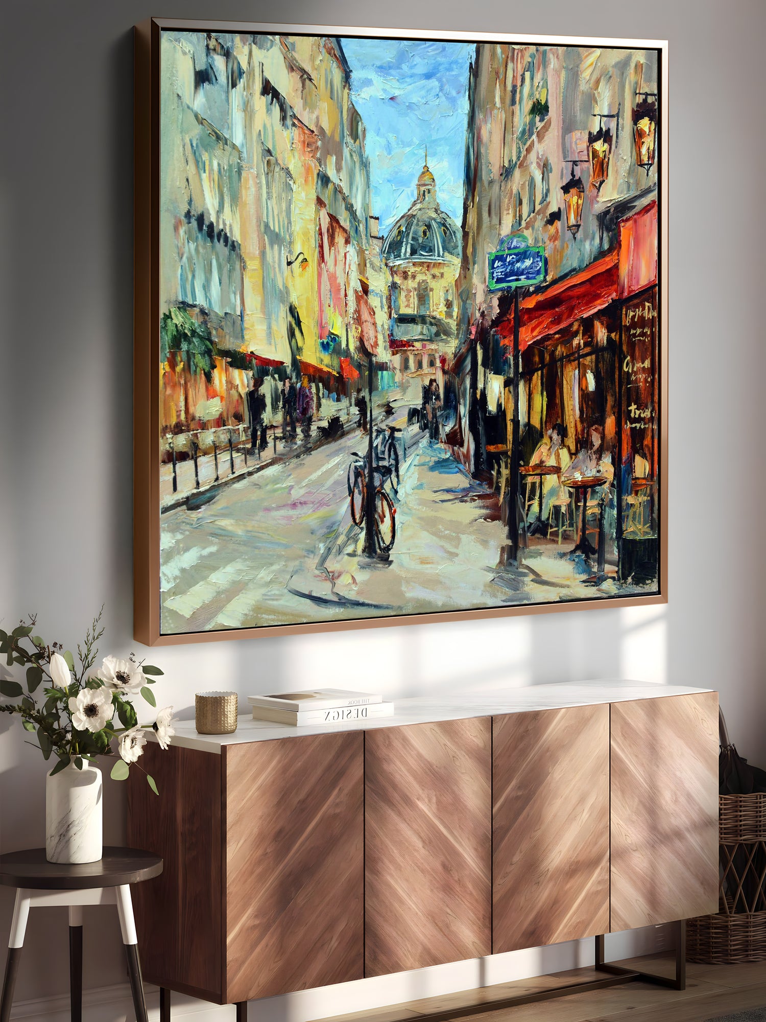 a painting of a city street with buildings