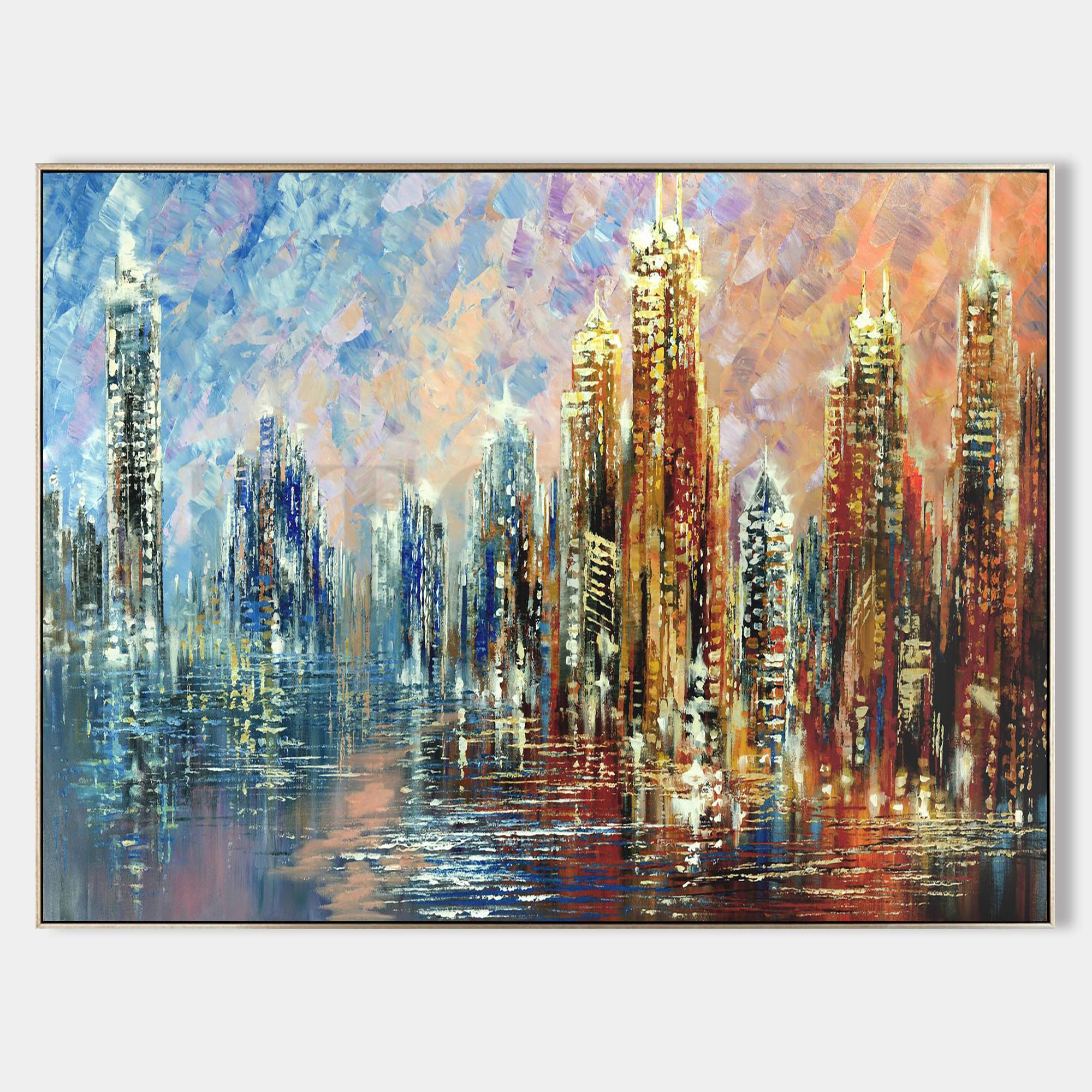 a painting of a cityscape is shown in a frame