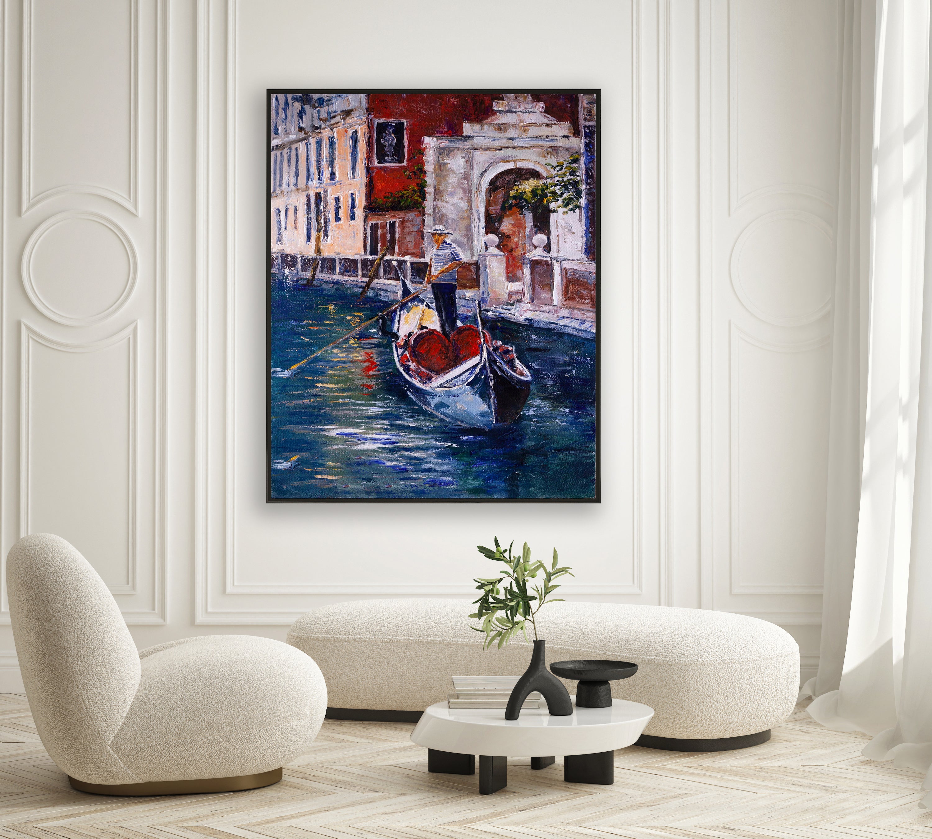 a painting of a gondola in a living room