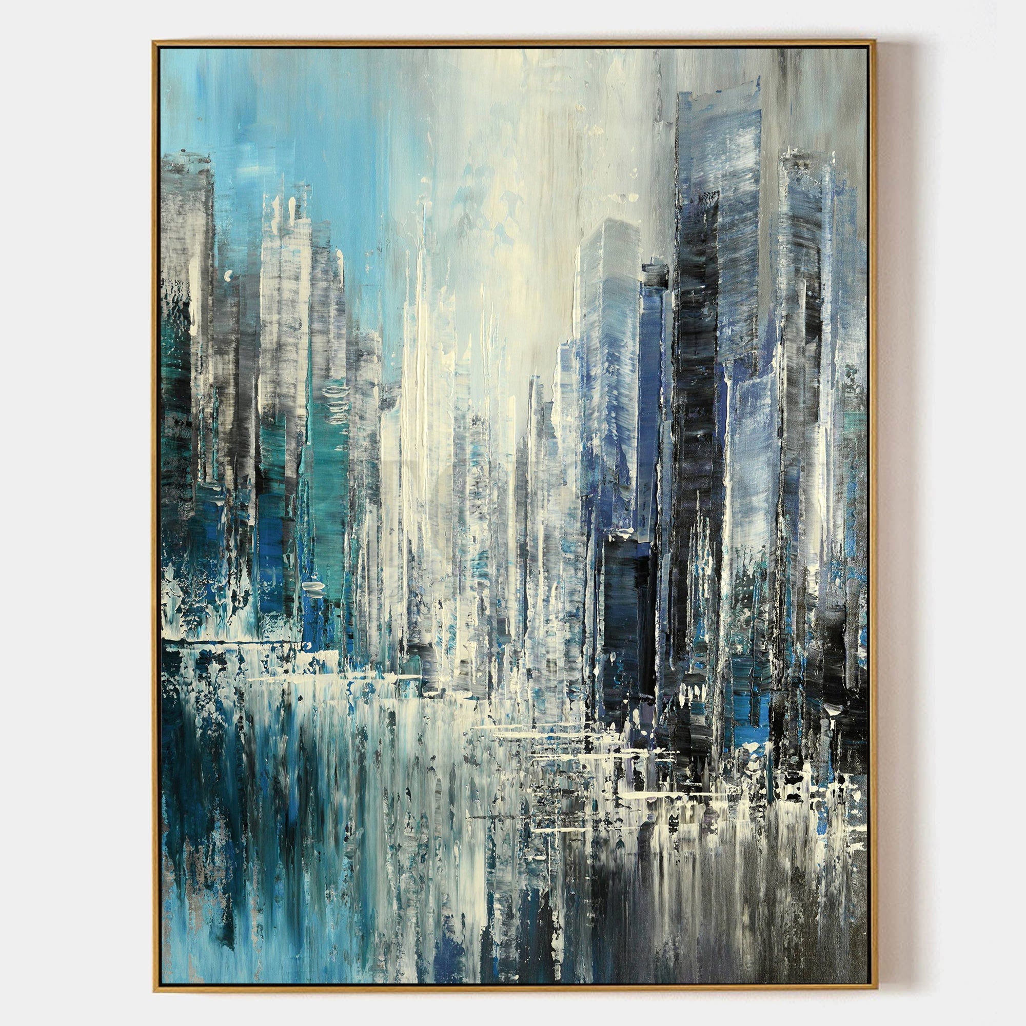 a painting of a city with tall buildings