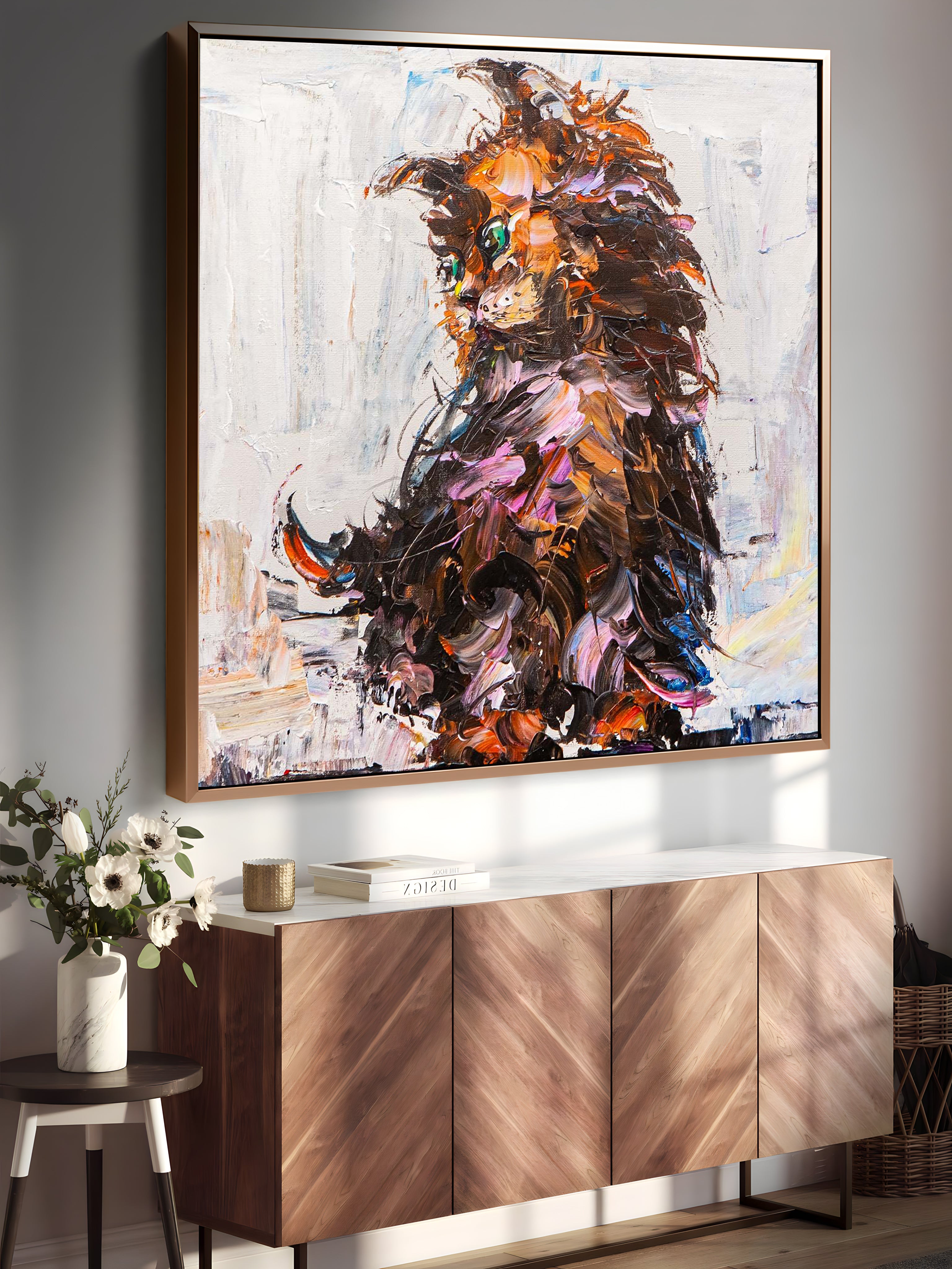 a painting of a lion on a wall above a sideboard