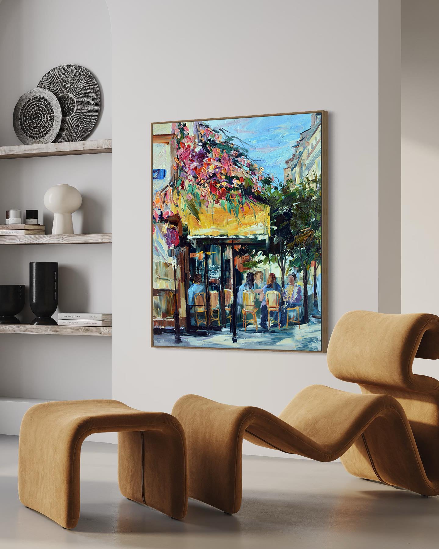 a living room with a painting on the wall