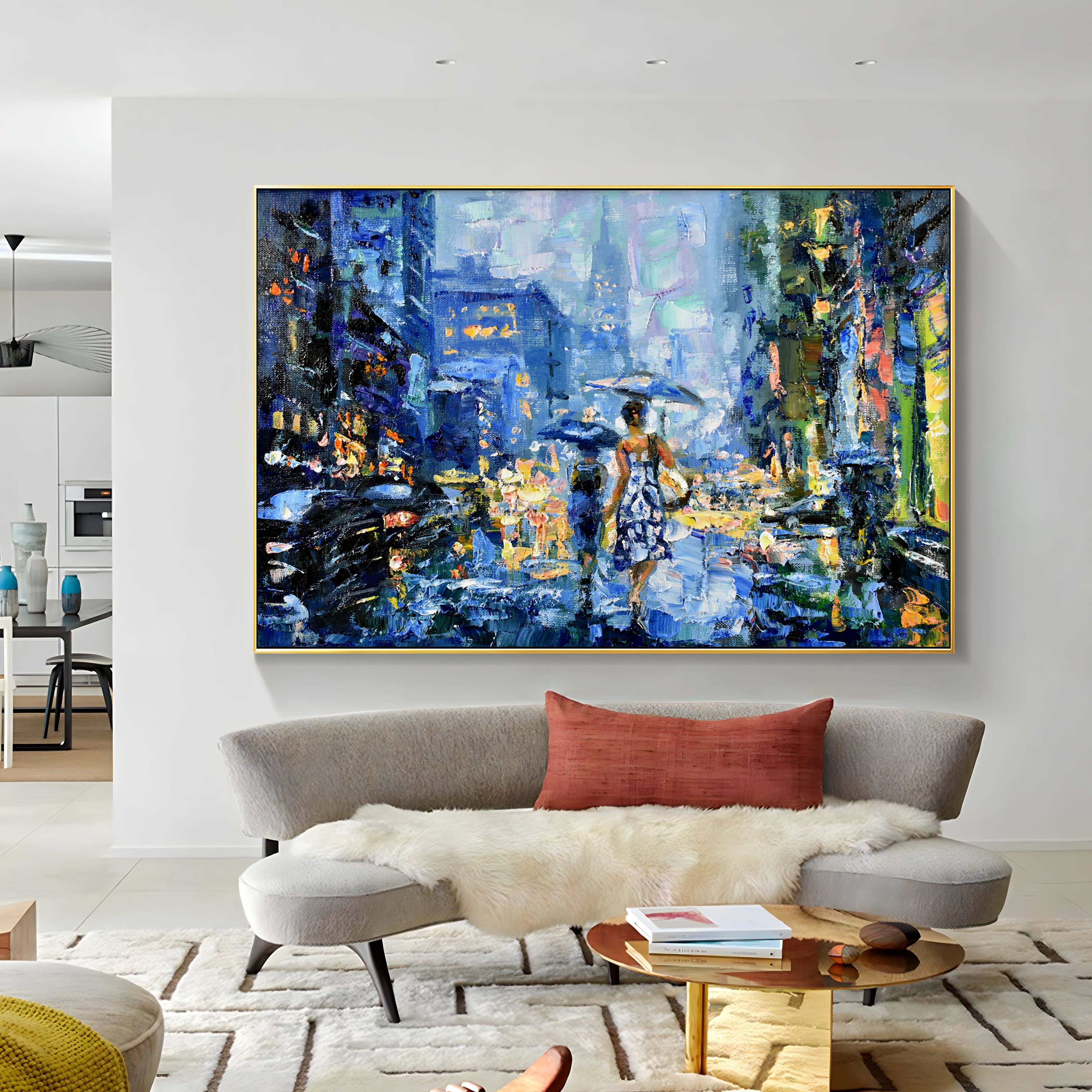 a painting hanging on the wall of a room