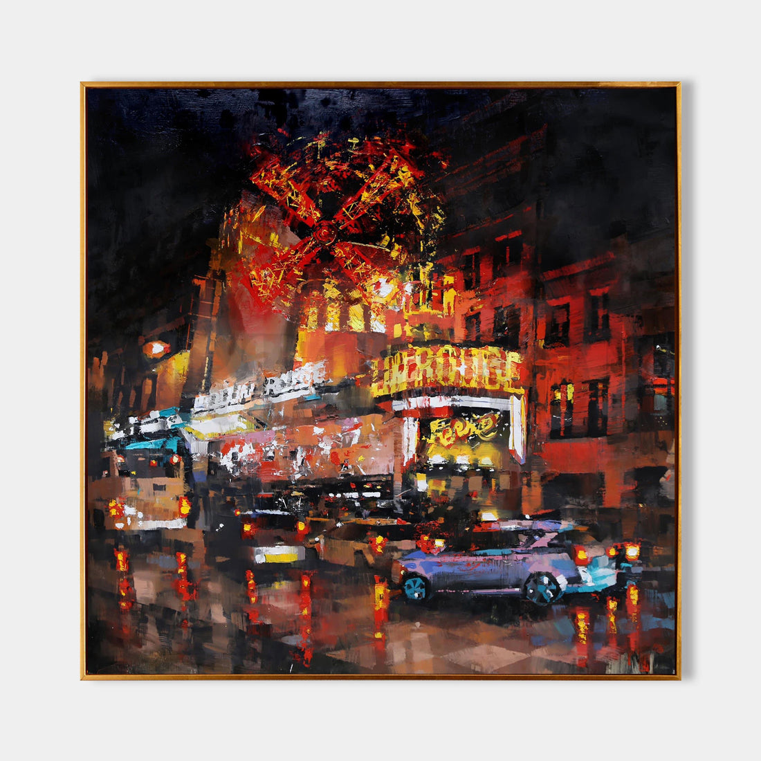 a painting of a city street at night