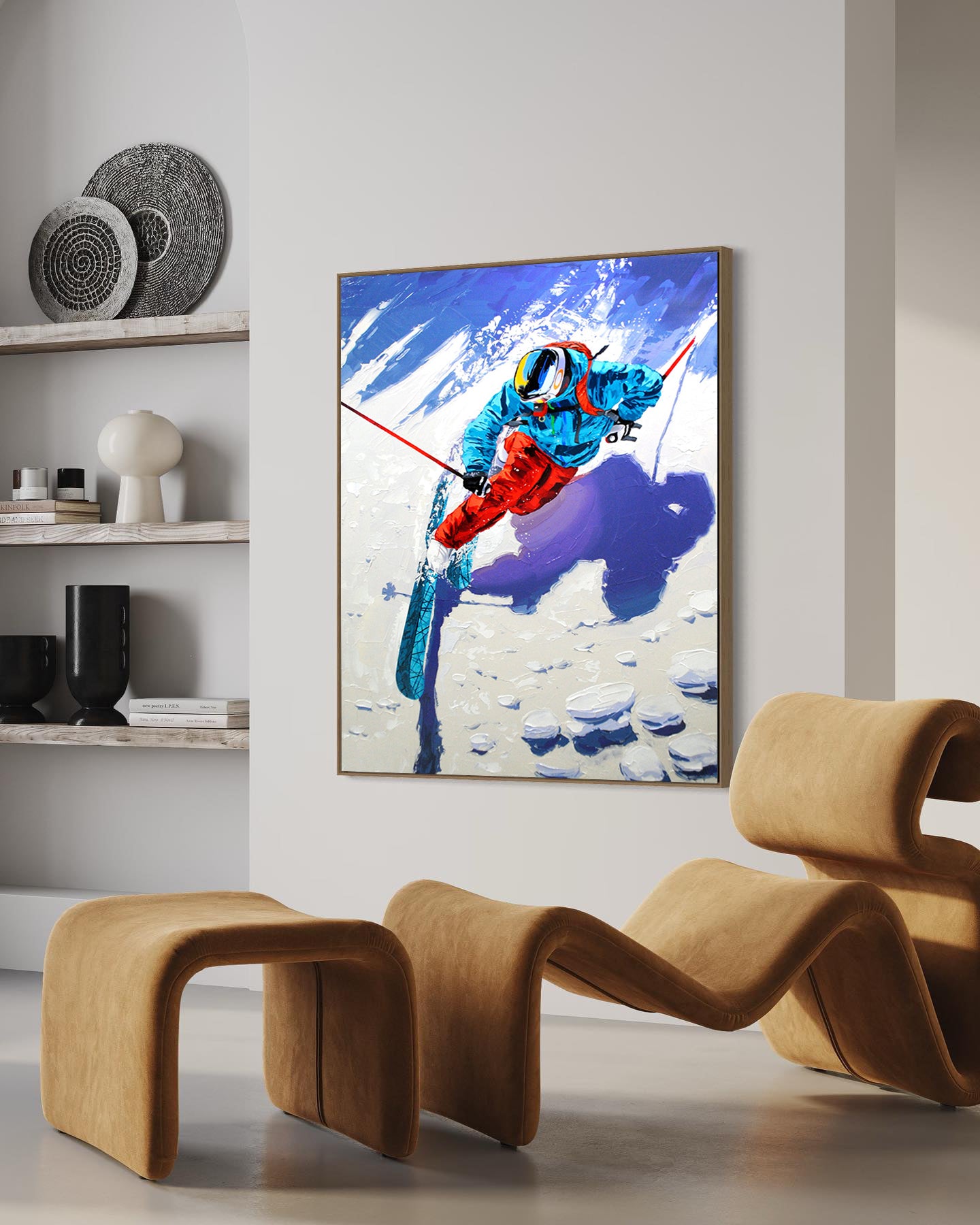 a painting of a skier is hanging on a wall