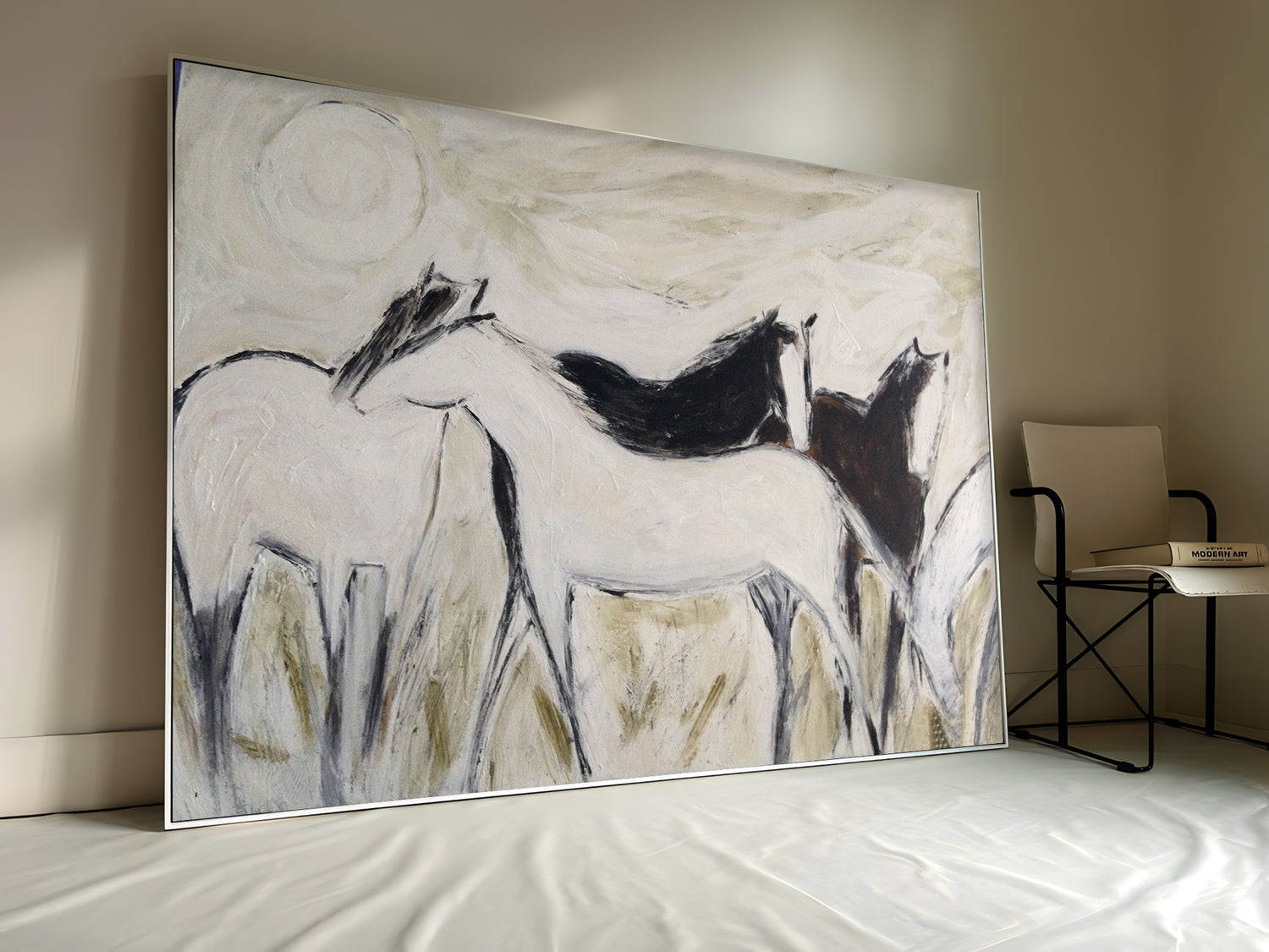 a painting of three horses in a field