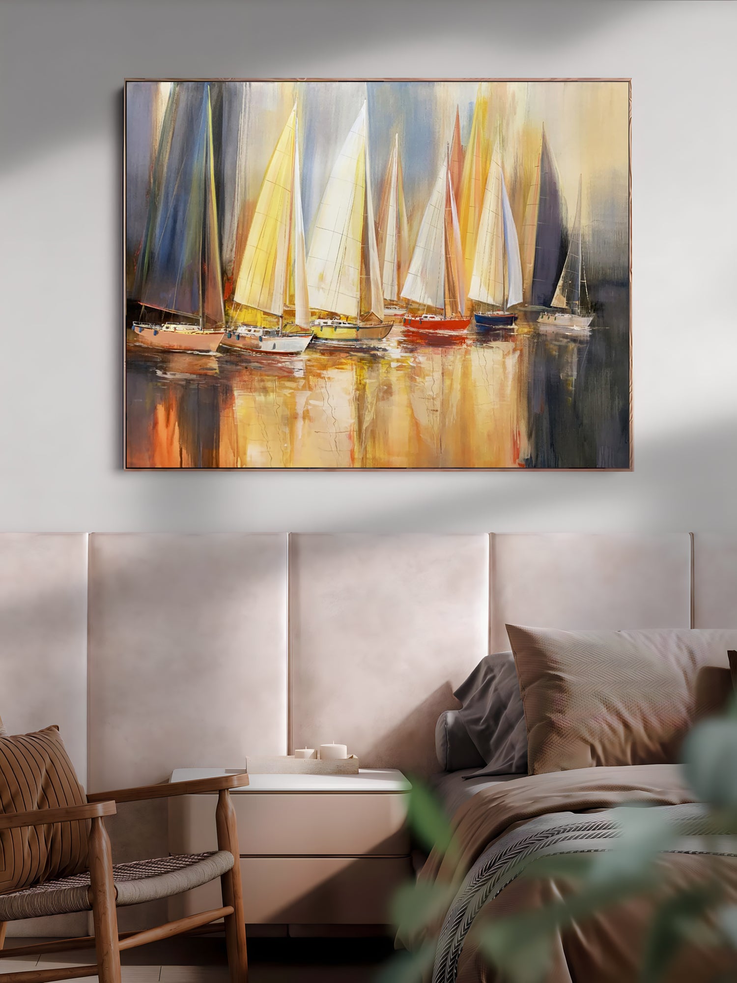 a bedroom with a painting of sailboats on the wall