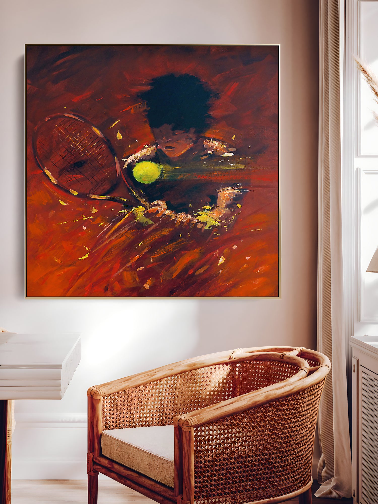 a painting of a tennis player on a wall