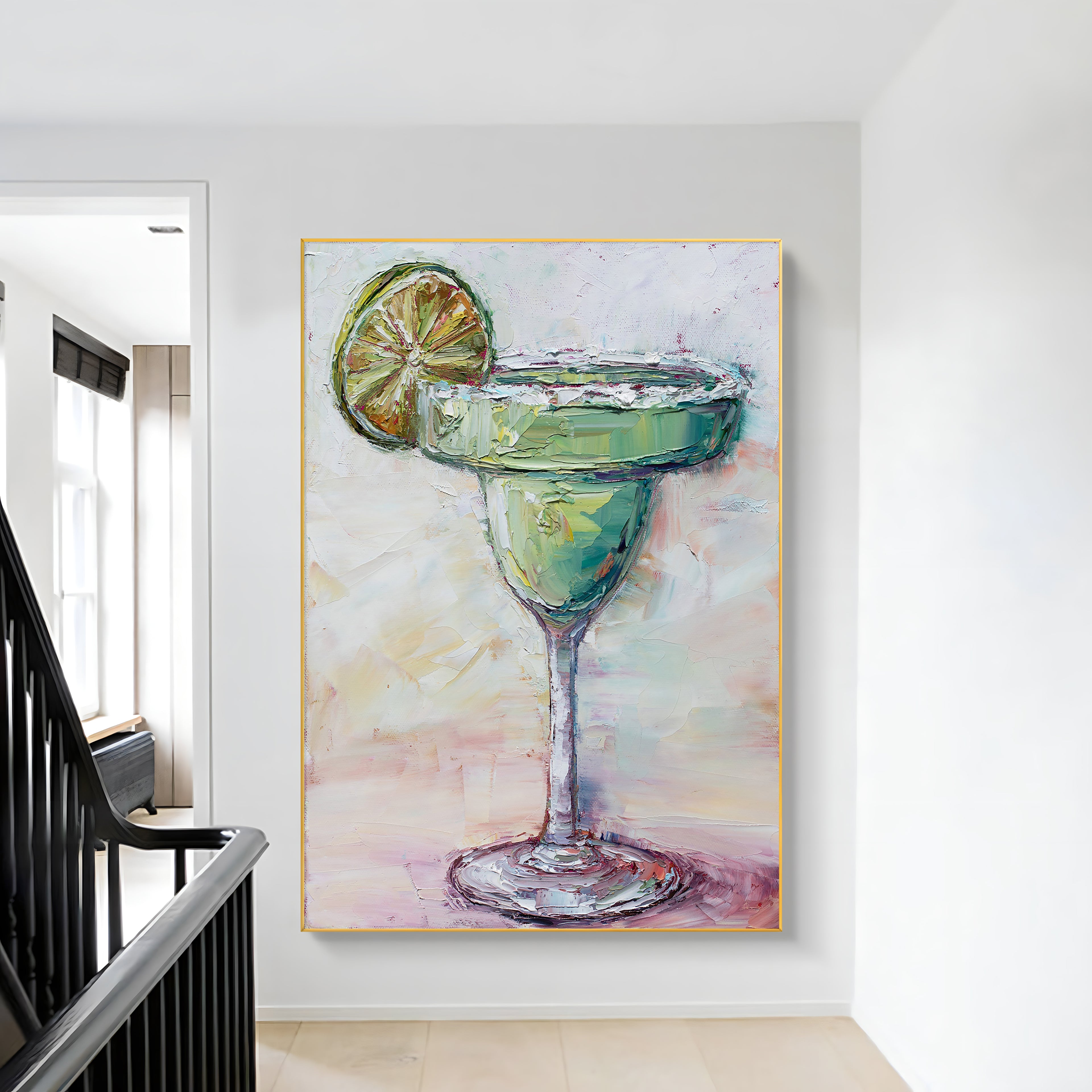 a painting of a green drink with a slice of lime