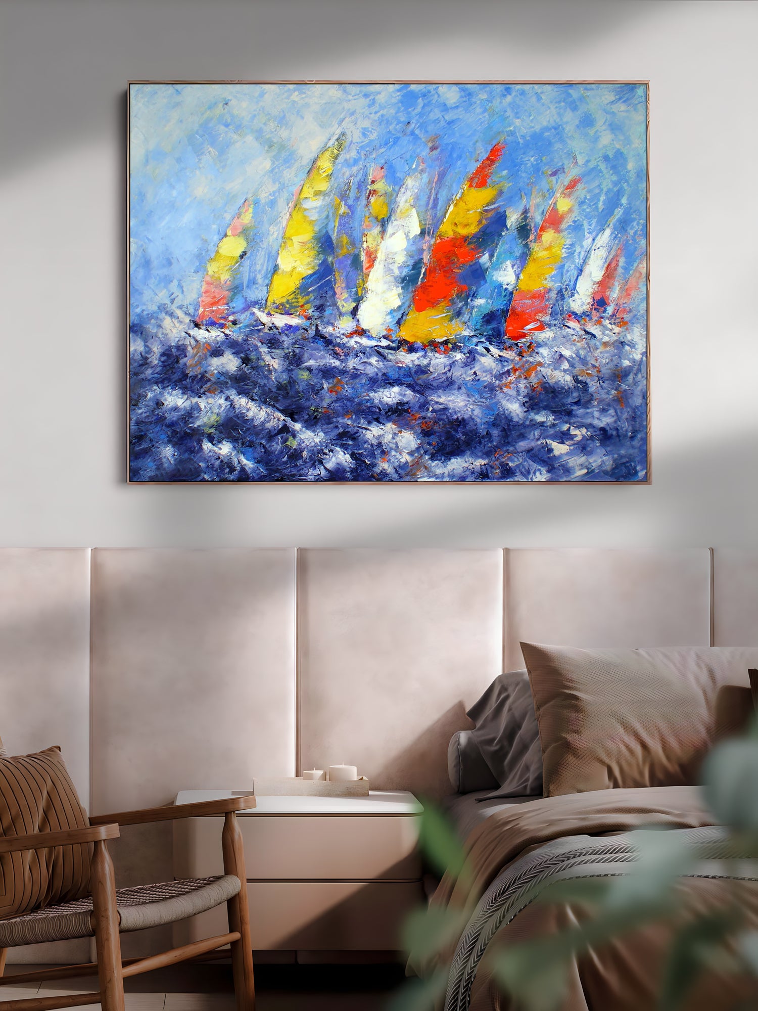 a painting of sailboats in a blue ocean