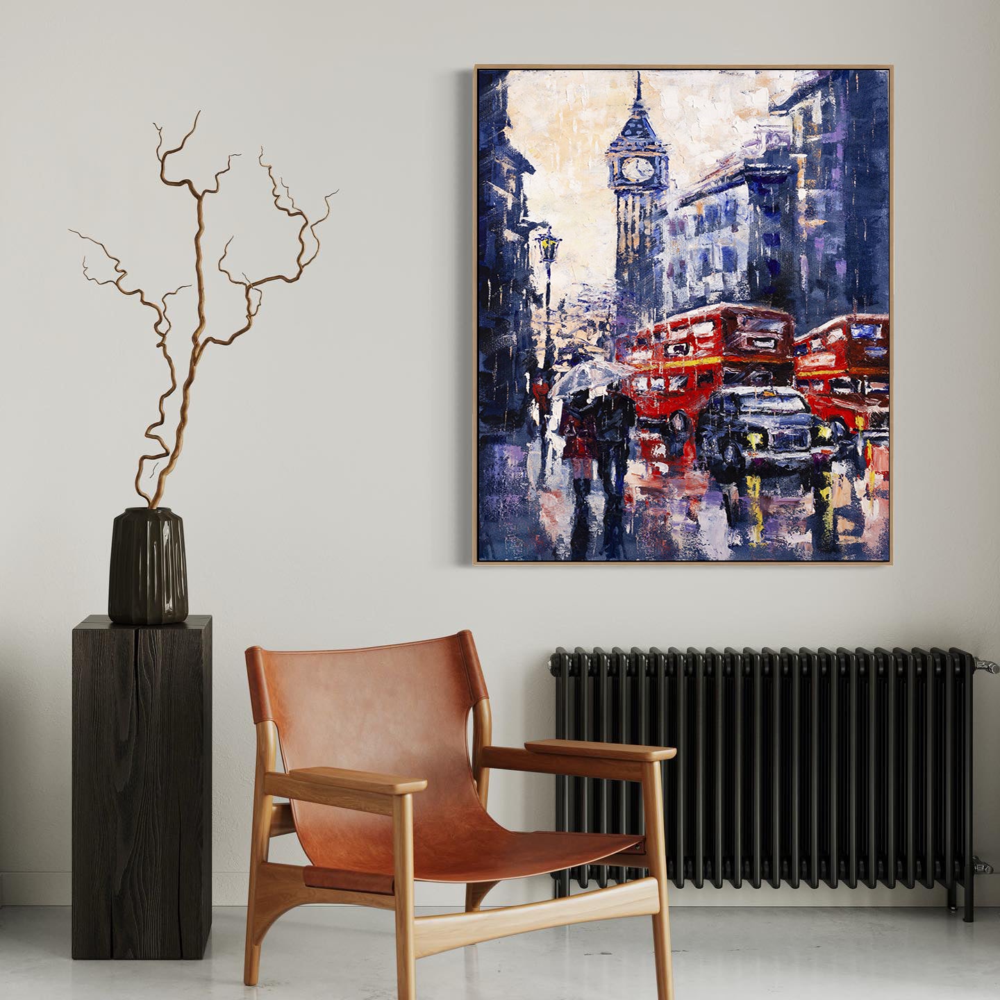 a painting of a city street with red double decker buses