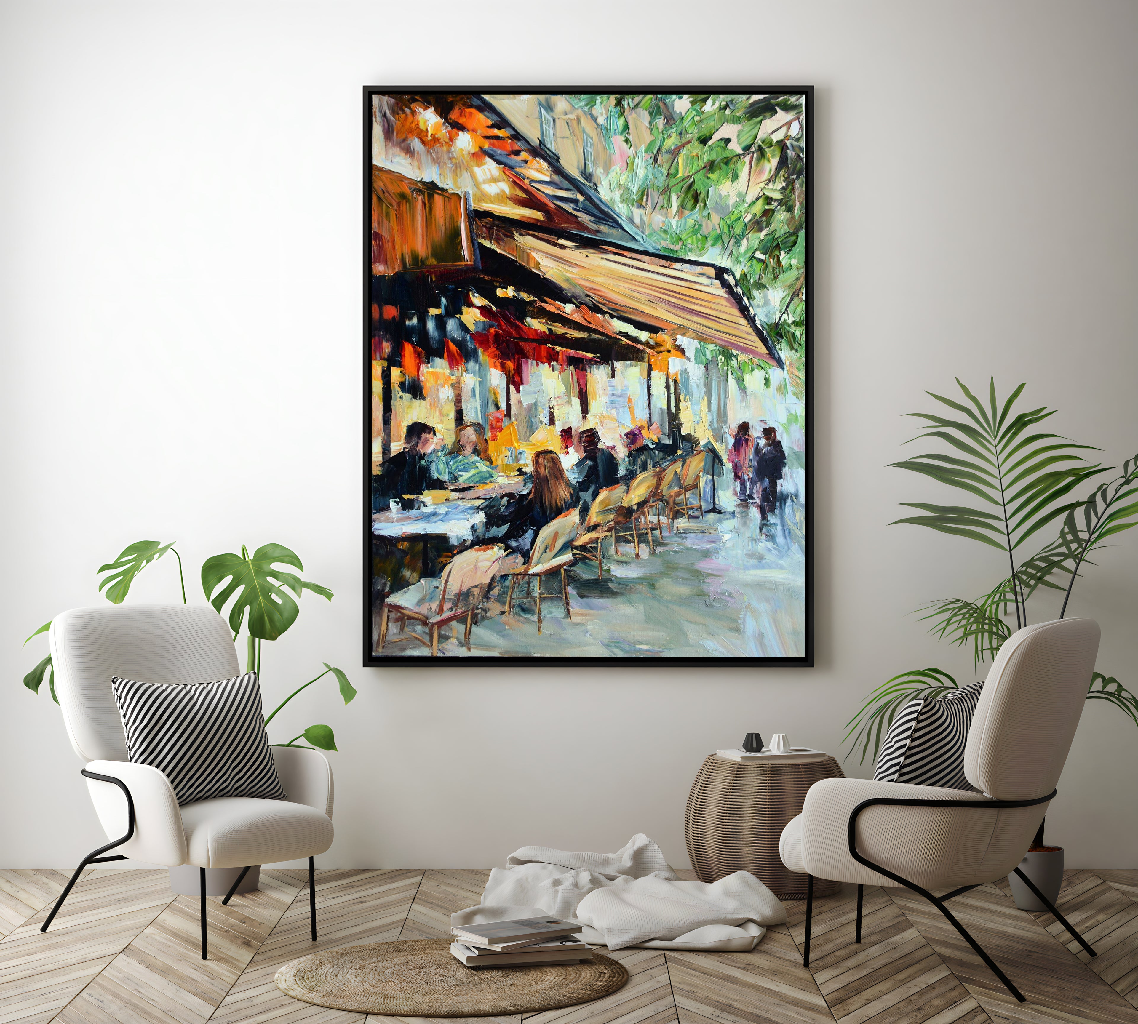 a painting of people walking down a street