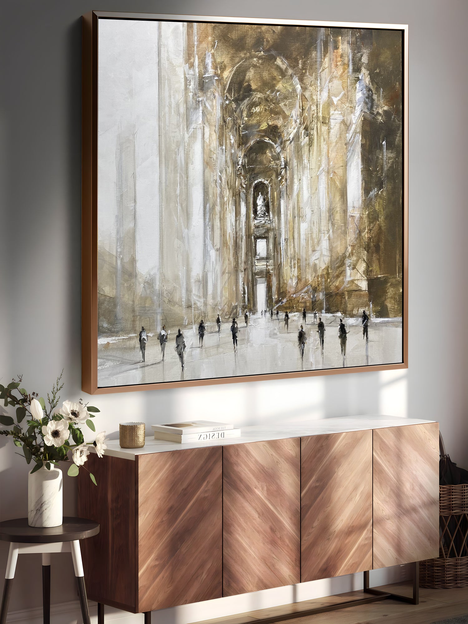 a painting hanging on a wall above a sideboard