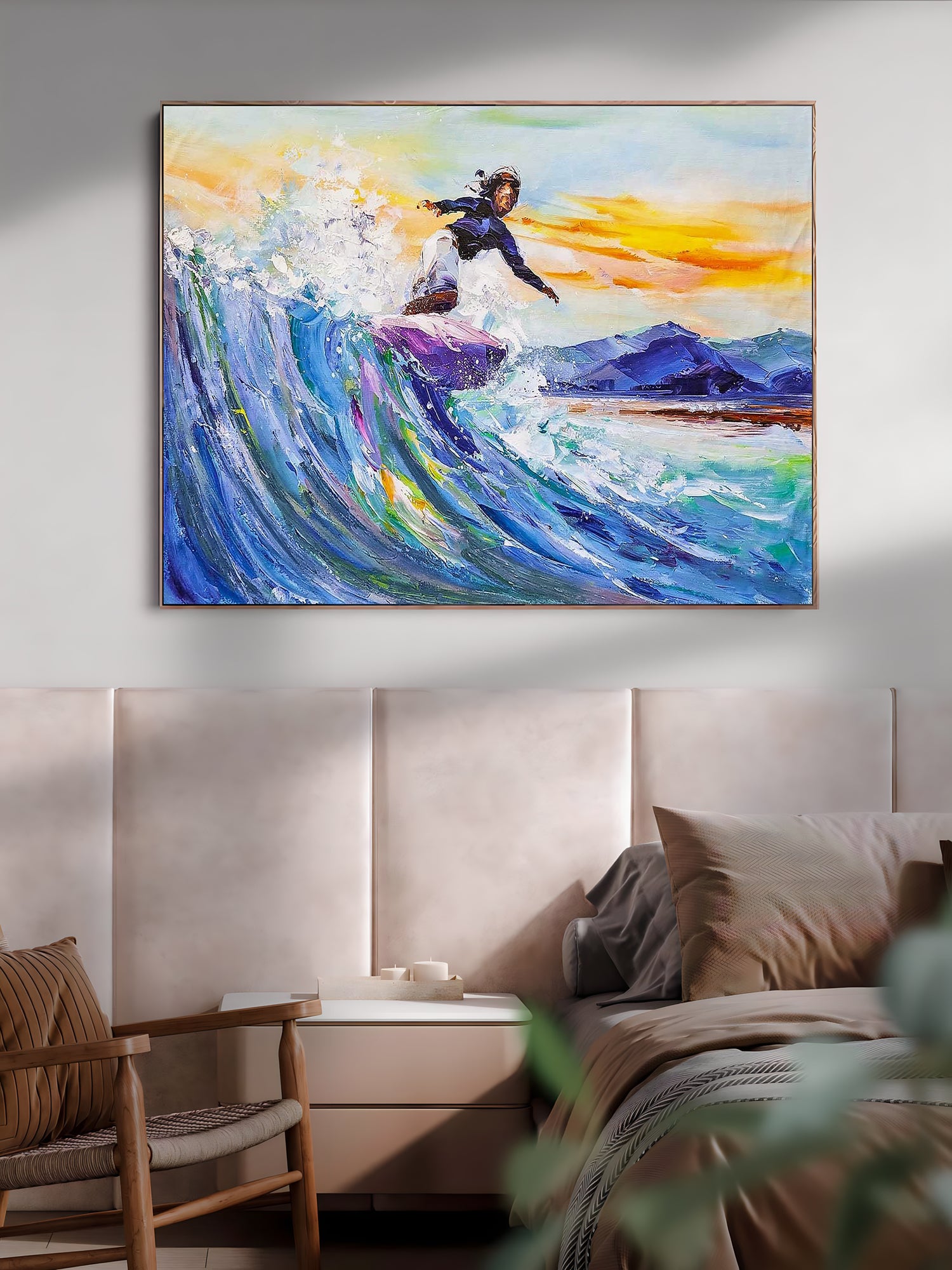 a painting of a person surfing on a wave