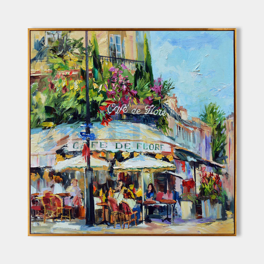 a painting of a cafe in a city