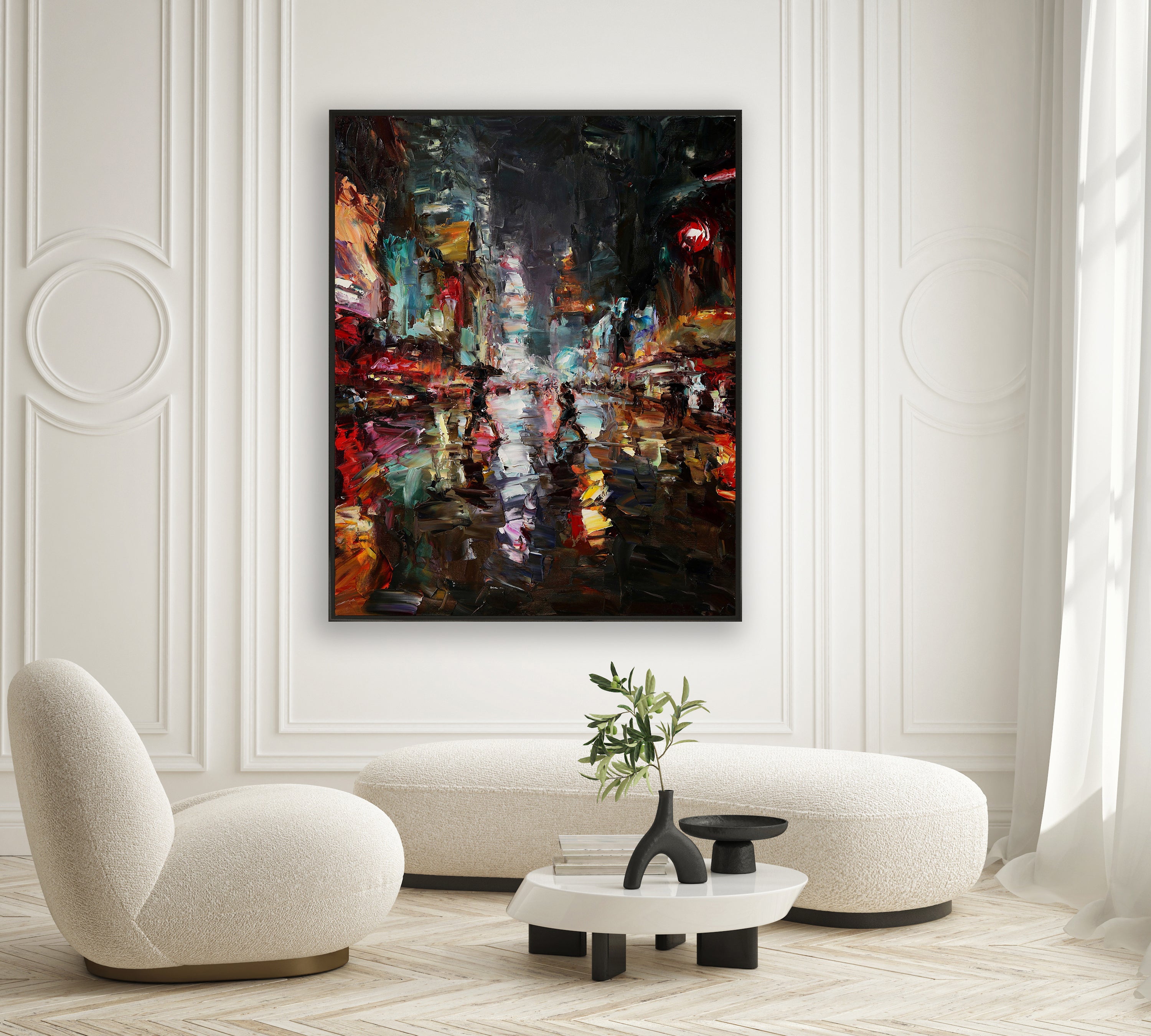 a painting of a city street at night