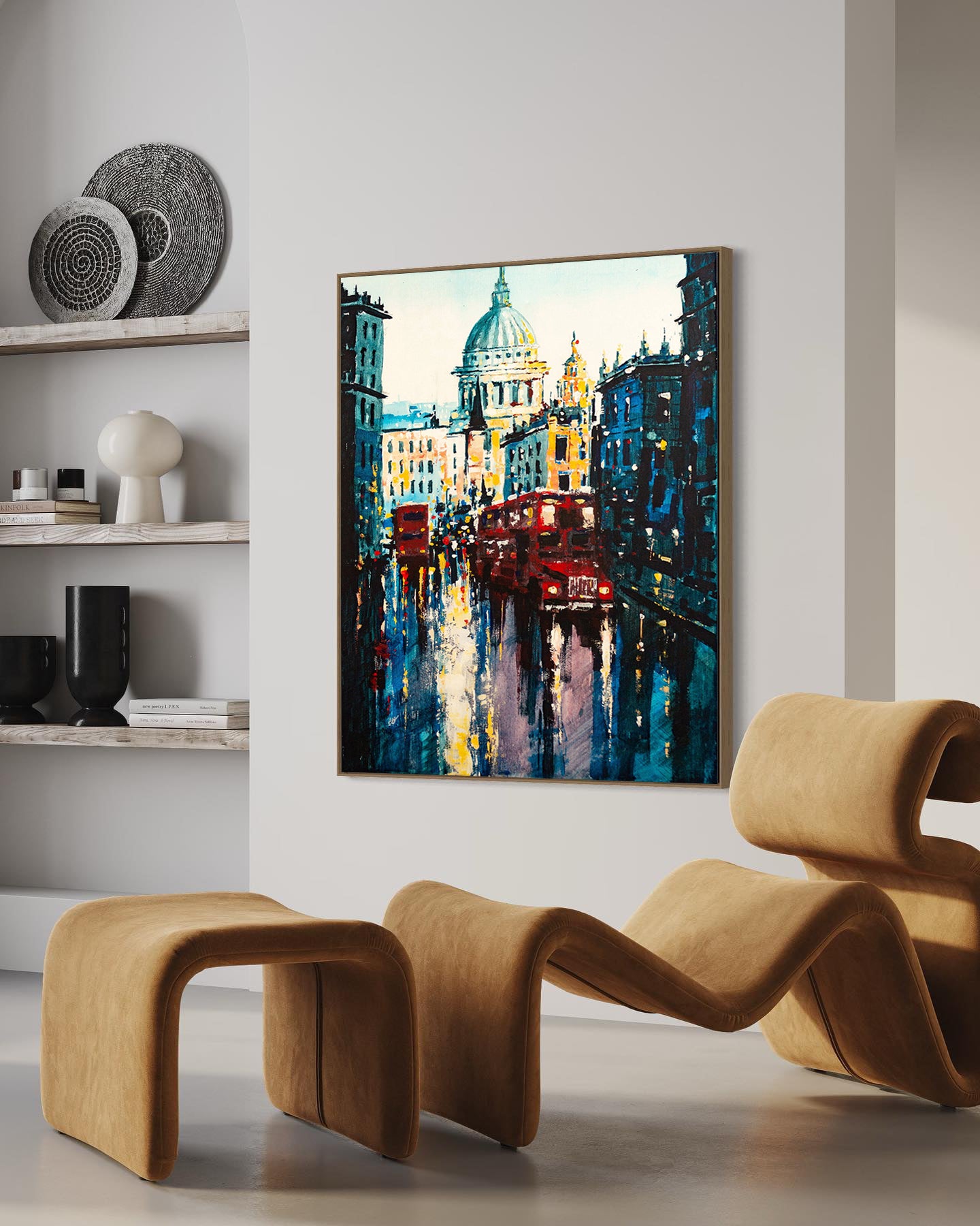 a painting of a cityscape with a red bus