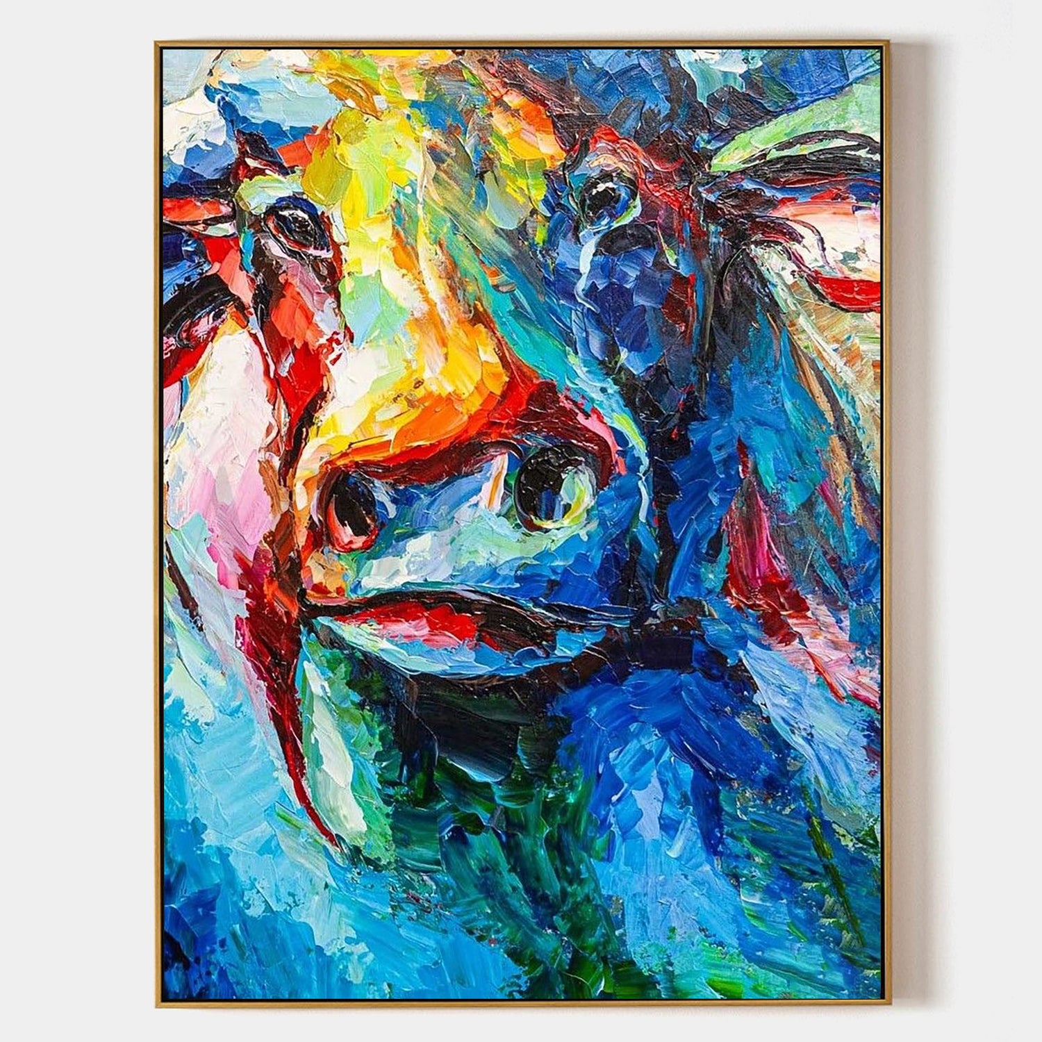 a painting of a cow with a blue background