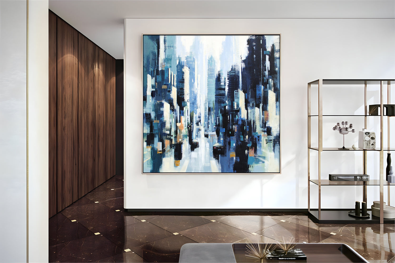 a painting of a cityscape hanging on a wall