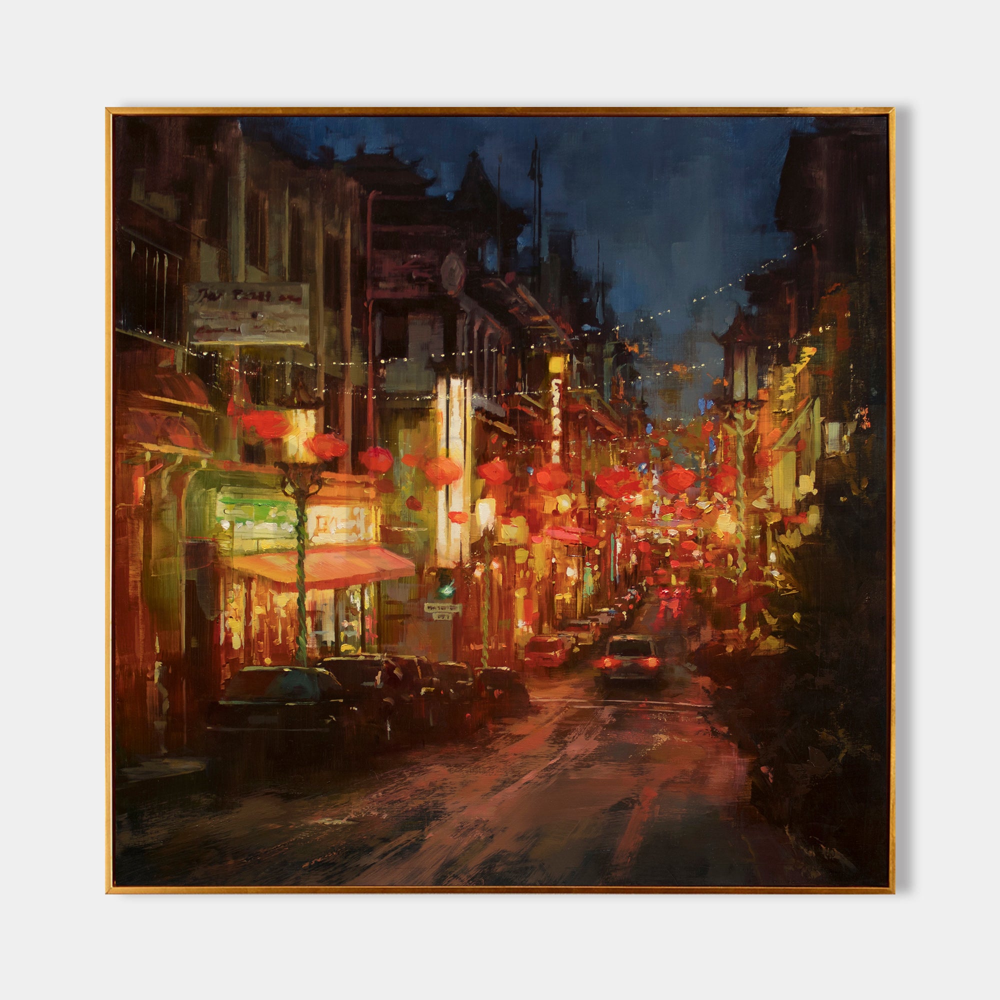 a painting of a city street at night