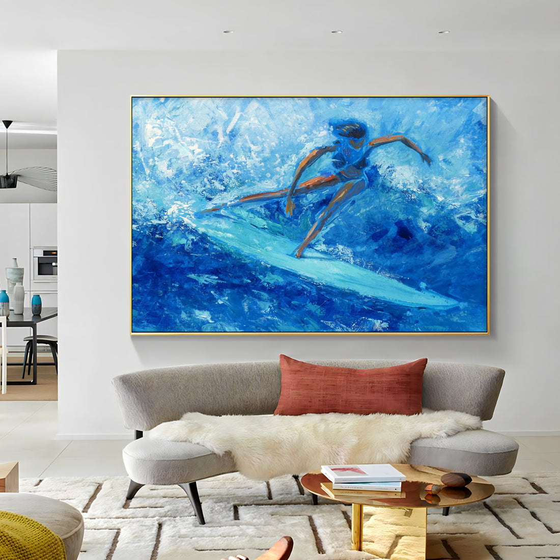 a painting hanging on a wall above a couch